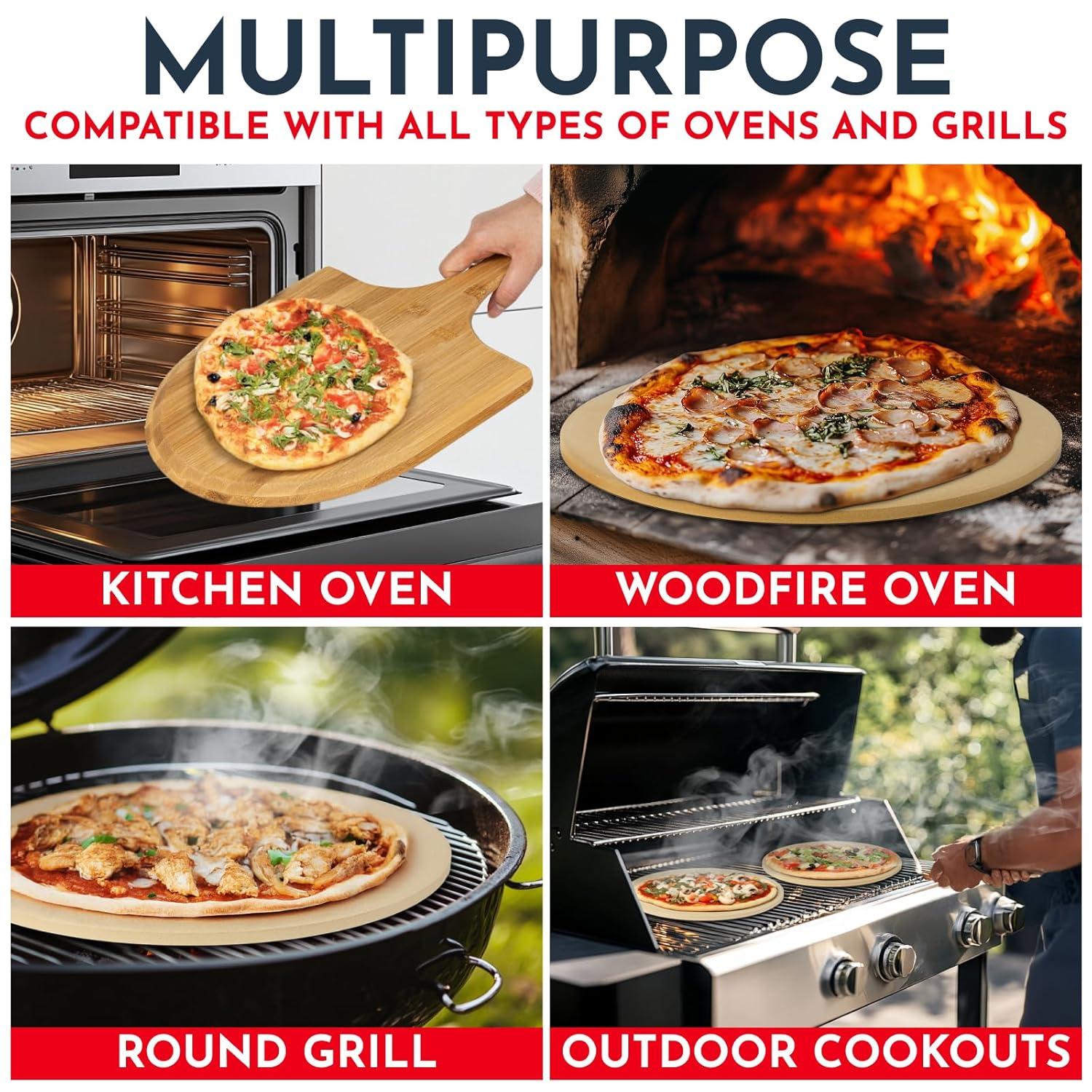 3PCS Round Pizza Stone for Oven Set 15" - Comes with Pizza Peel for Oven and Cutter - Cordierite Stones for Bread, Calzone, Cookies