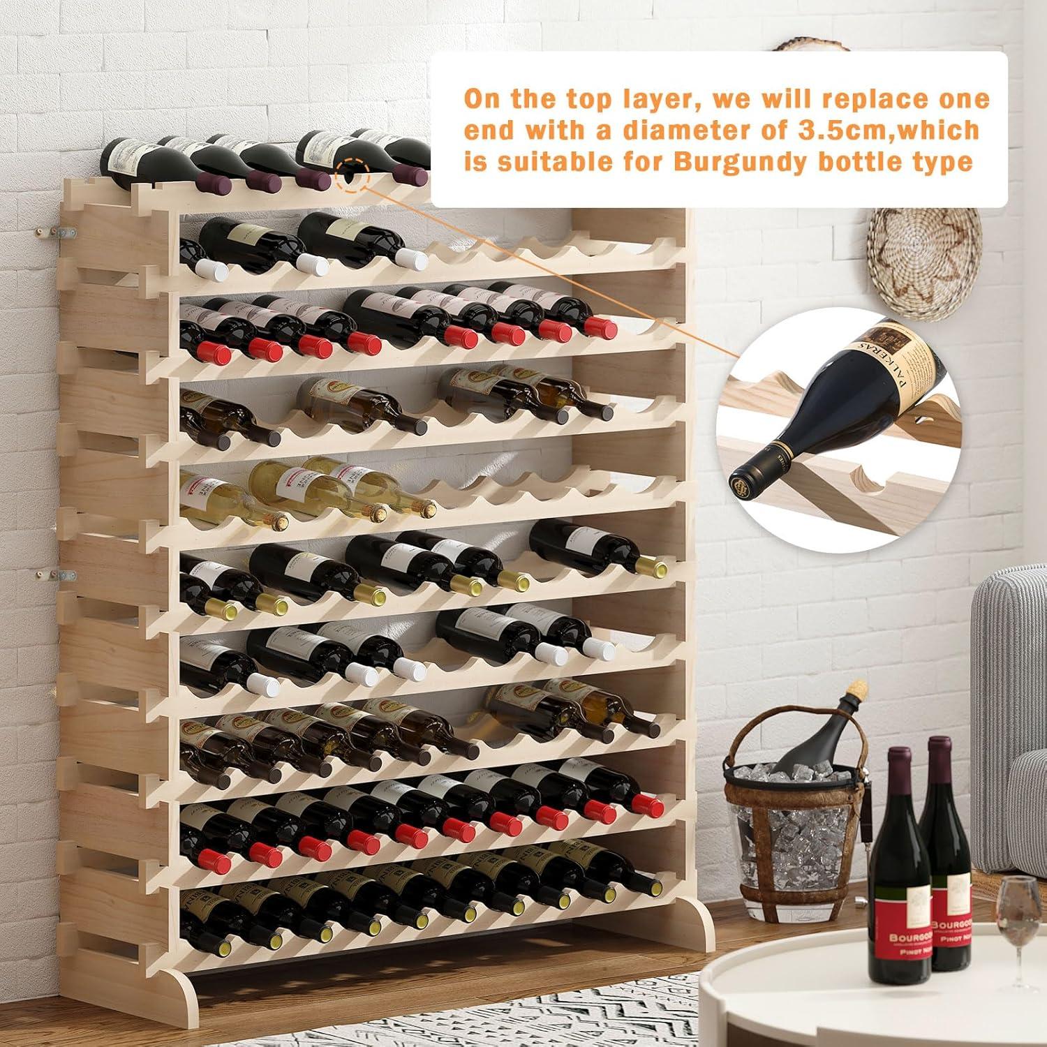 Wellynap 10-Tier Wine Rack, Stackable Wine Storage Holder for 100 Bottles, Free Standing Wine Storage Organizer - Wood