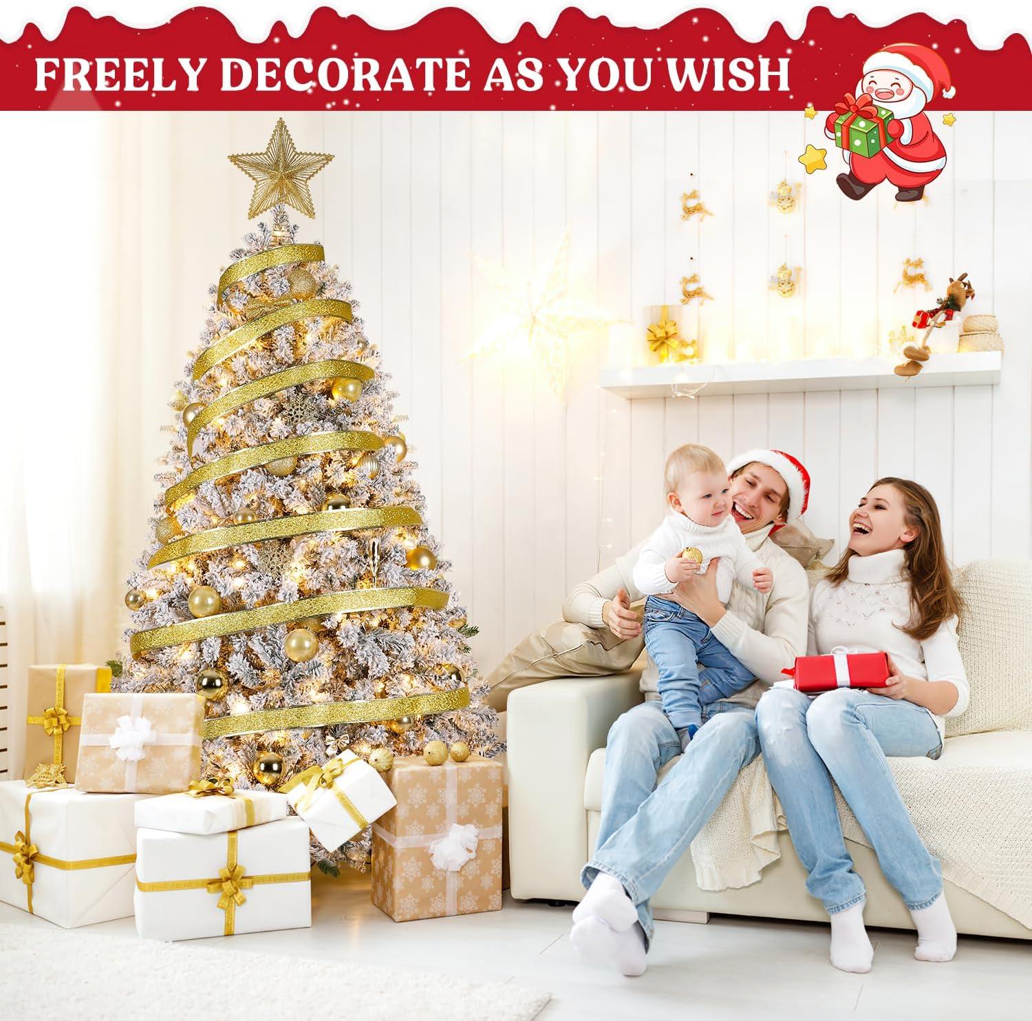 6FT Prelit Christmas Tree with Lights, Snow Flocked Artificial Christmas Tree with 250 Warm White LED Lights, 820 Branch Tips, Indoor Fake Xmas Tree for Home, Office, Party Decoration