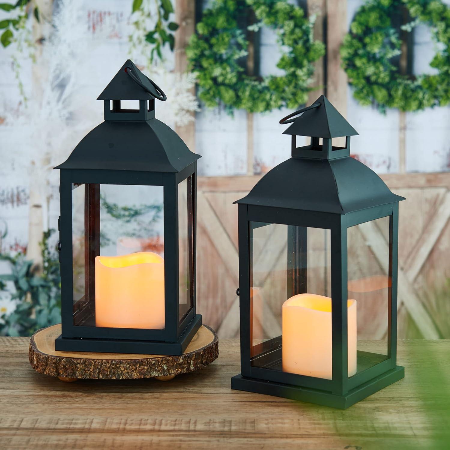 Elements Traditional Lantern with LED Pillar Candle Decorative Wedding Events Parties, 12-Inch, Black