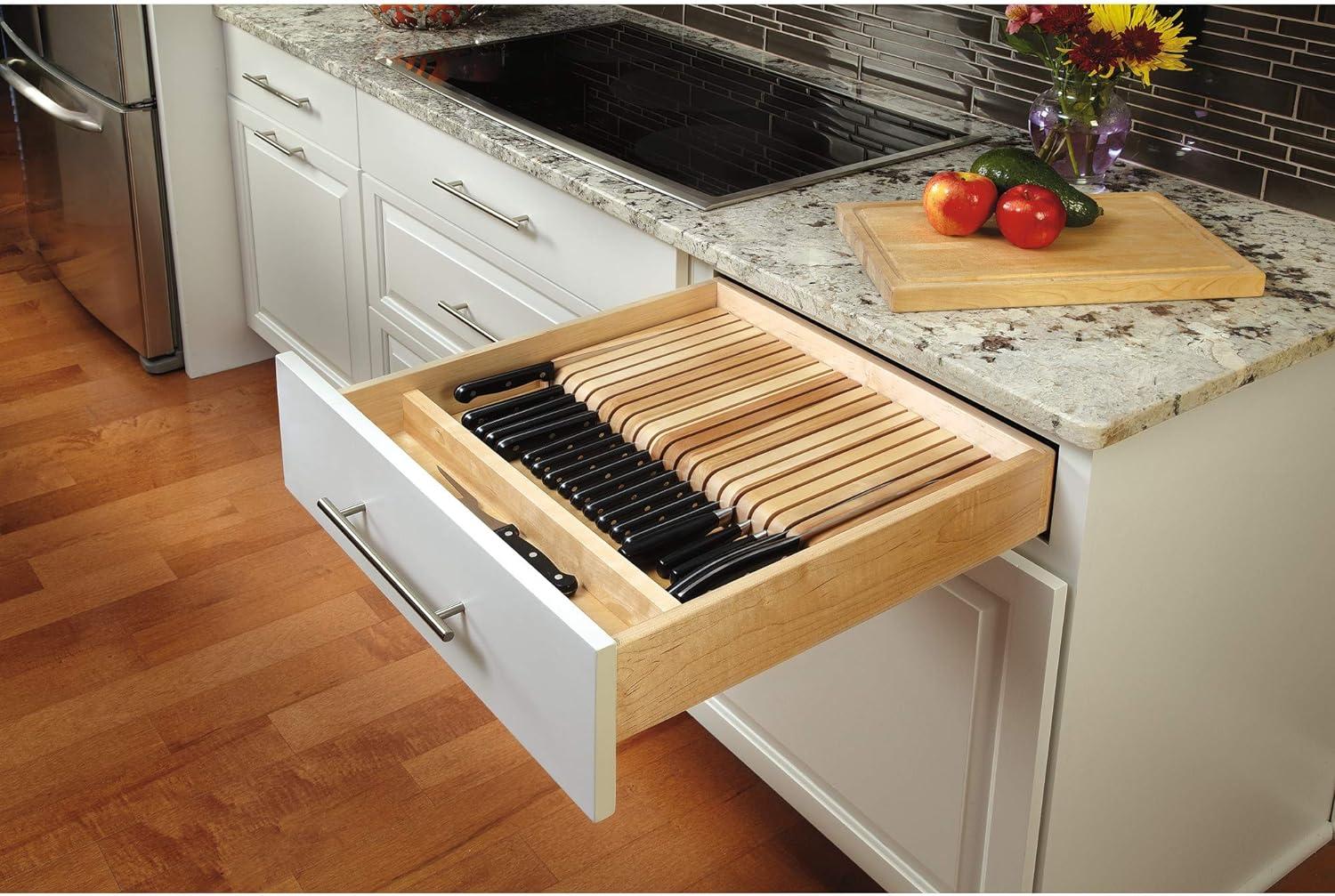 Rev-A-Shelf 4WDKB-1 2-Row Trimmable 55 Slot Knife Block Tray Kitchen Drawer Organizer Insert with Utensil Holder Tray