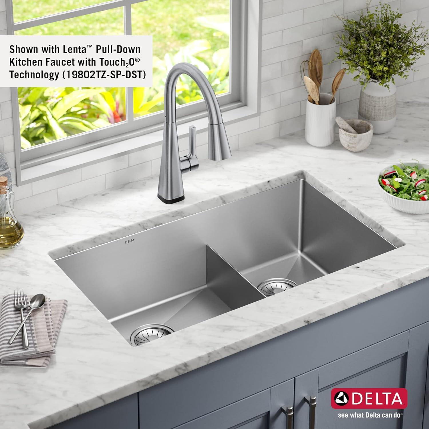 Delta Lenta™ 32" L Undermount 16 Gauge Stainless Steel Double Bowl Kitchen Sink with Accessories