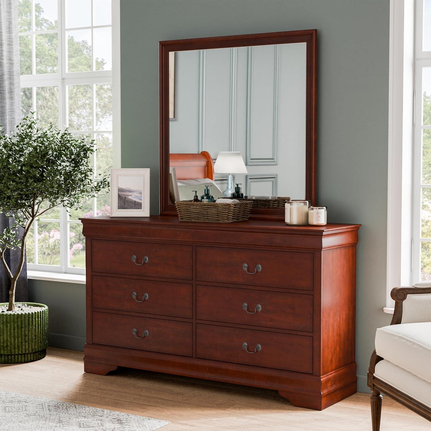 Furniture of America Toni Wood 6-Drawer Dresser with Mirror in Cherry