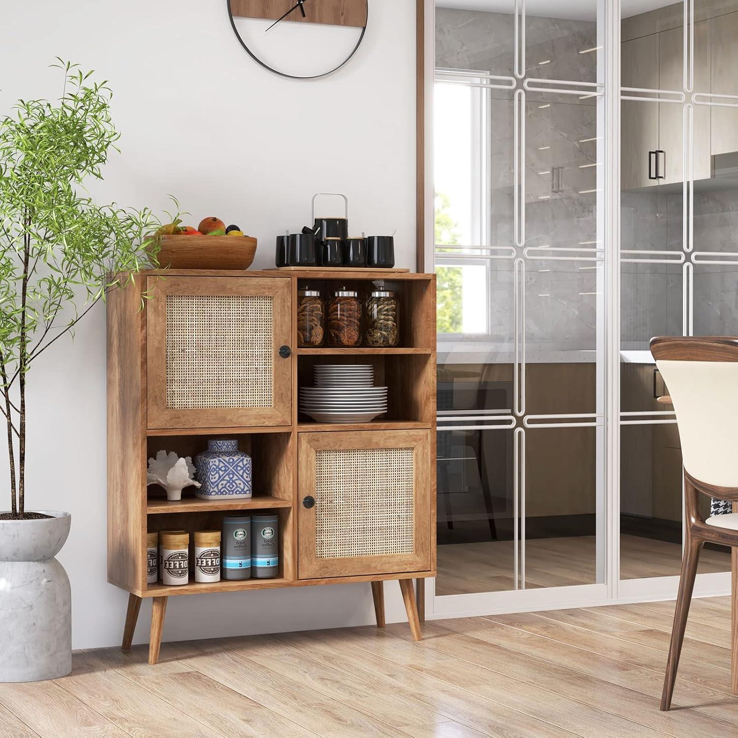 Natural Wood Mid-Century Modern Rattan Door Sideboard