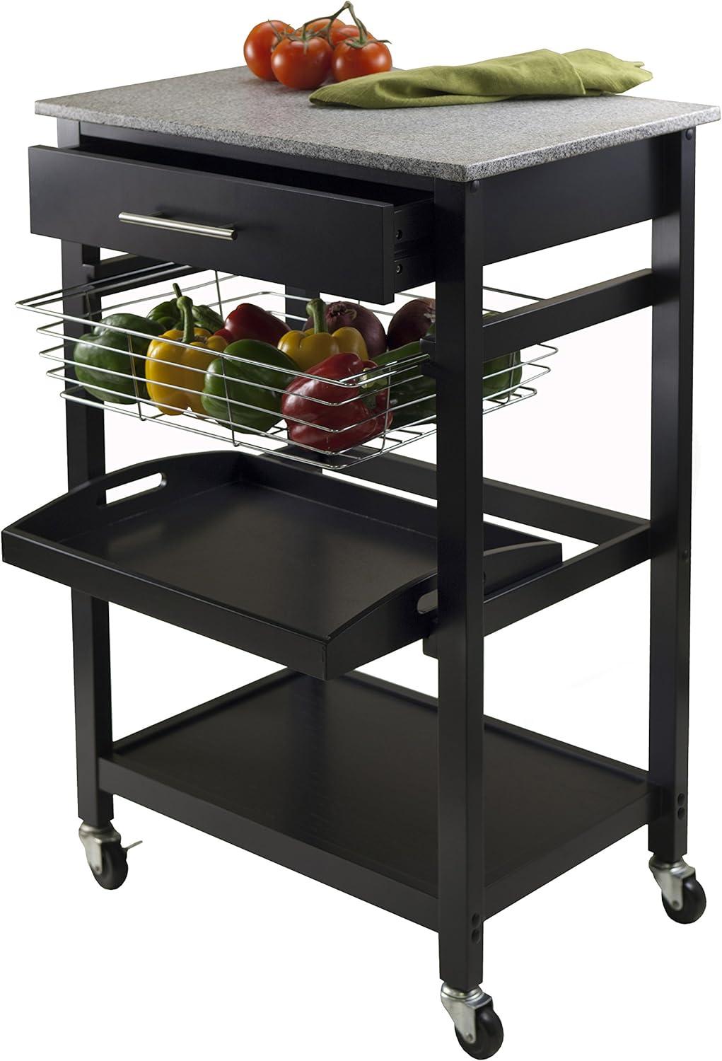 Transitional Julia Granite Top Black Kitchen Cart with Storage