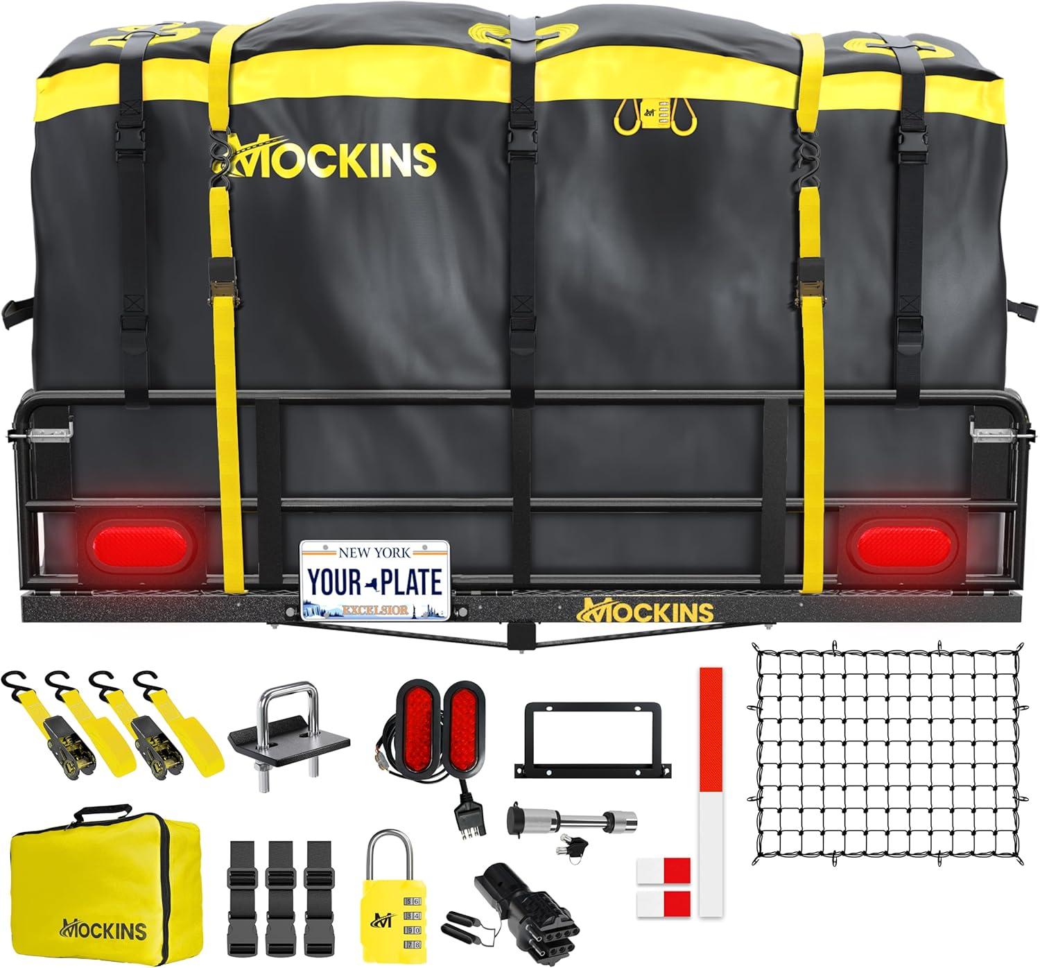 Mockins 60"x24"x14" High Rail Hitch Cargo Carrier with Rear Lights and 30 Cu.Ft. Yellow Cargo Bag