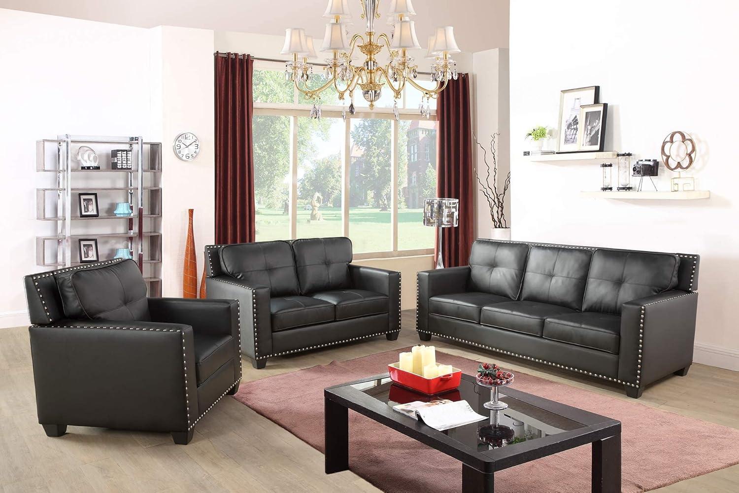 Black Faux Leather 3-Piece Sofa, Loveseat, and Chair Set