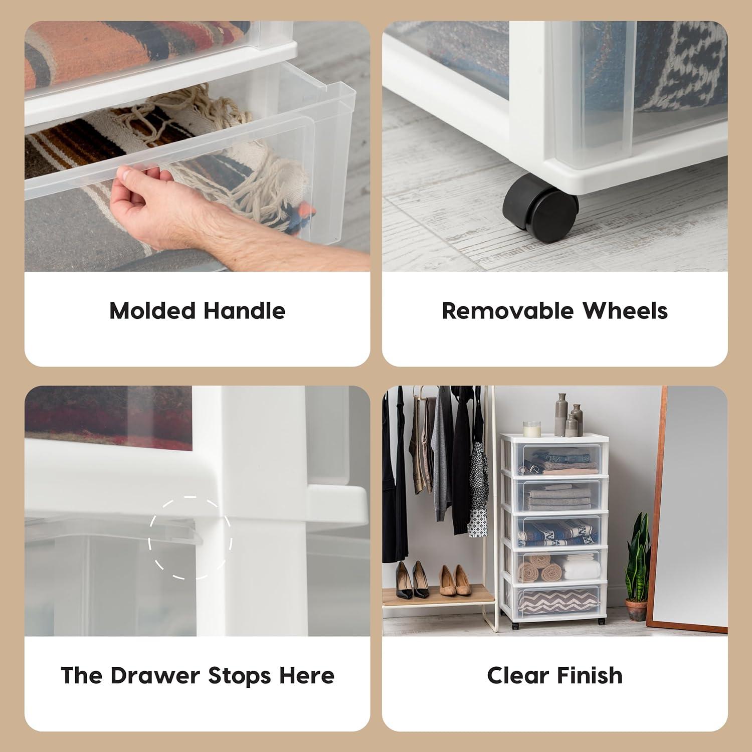 IRIS USA 5 Drawer Wide Storage Drawer Cart with Caster Wheels, Plastic Rolling Dresser for Home Closet Bedroom Bathroom Office Laundry, White/Clear