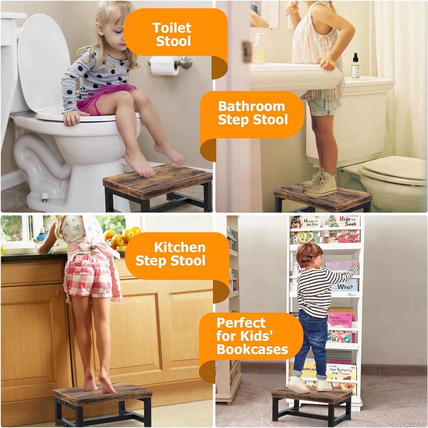 Wooden Step Stools for Adults Kids with Non-Slip Rubber Feet, Heavy Duty Stepping Stools with 500-LBS Capacity for Bedroom Kitchen Bathroom, Bed Steps for High Beds, Easy to Assemble, Rustic Brown