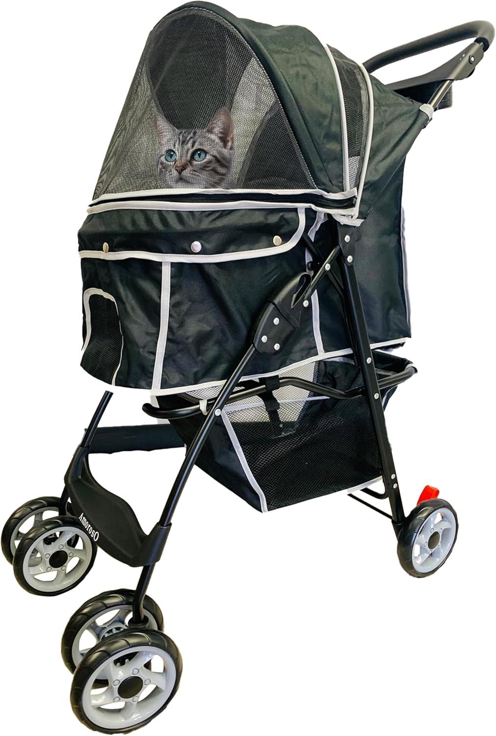 Black Polyester Pet Stroller with Storage Basket