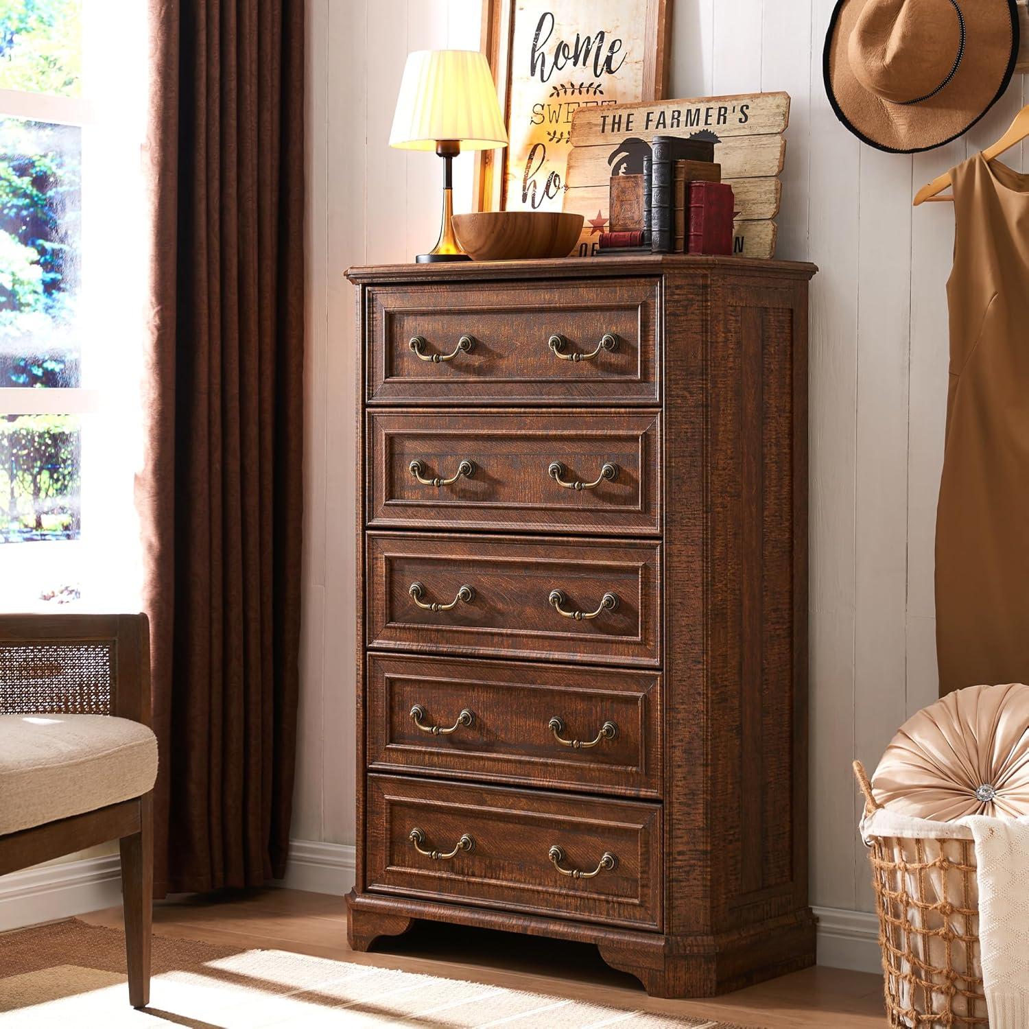 Laurel Foundry Modern Farmhouse® Theron Farmhouse 5 Drawer Bedroom Dresser, Wood Tall Chest of Drawers, Closet Storage for Bedroom