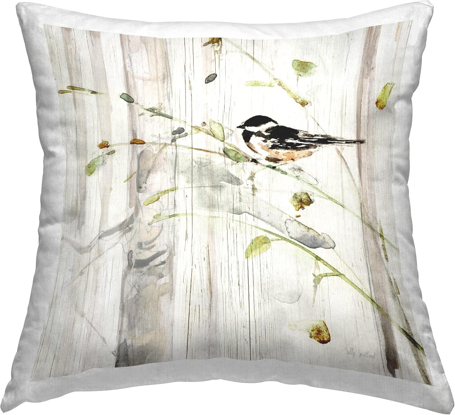 Rustic Bird Perched Beige Cotton Square Throw Pillow, 18 x 18