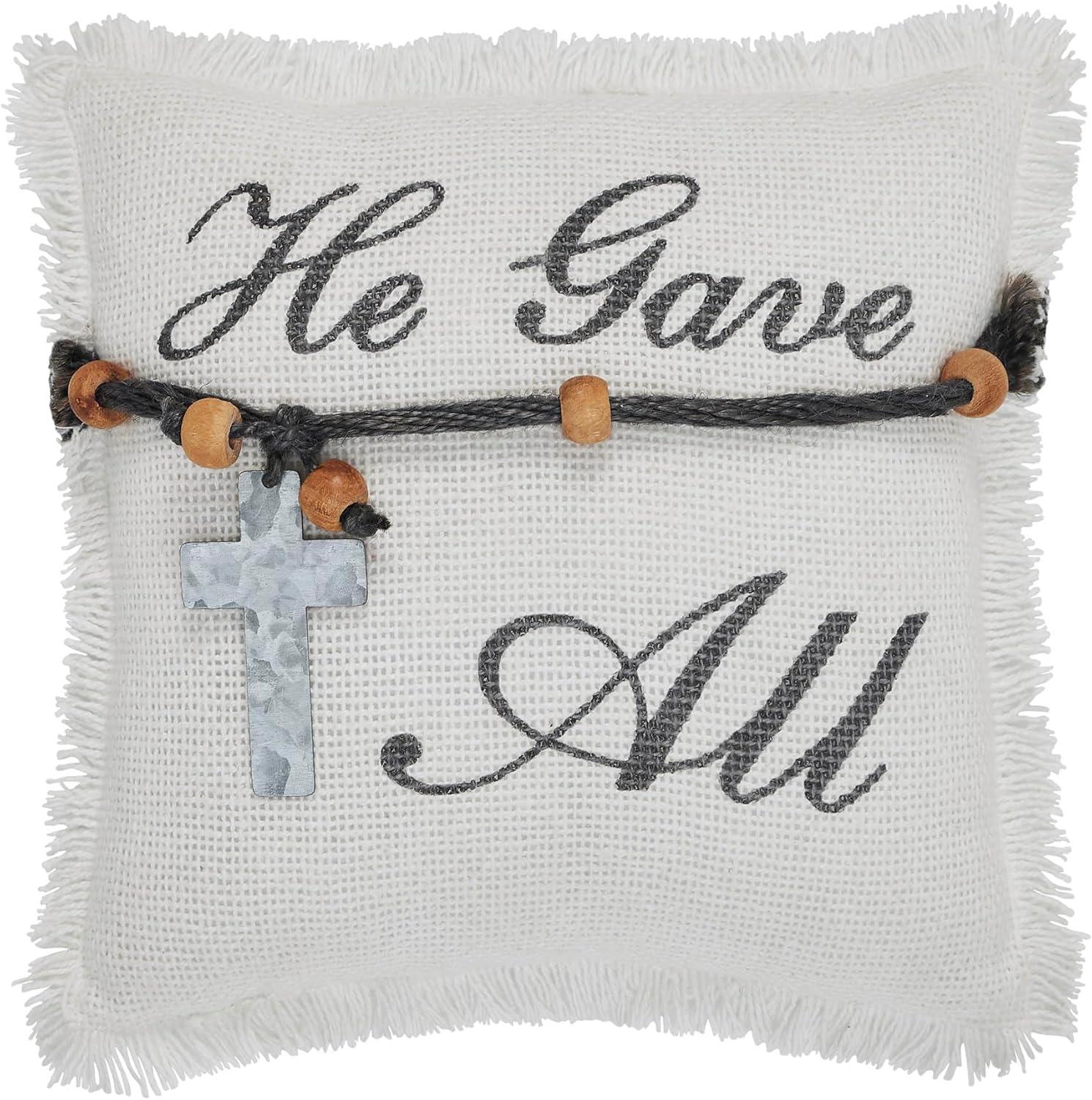 Antique White Cotton Burlap Square Pillow with Galvanized Cross