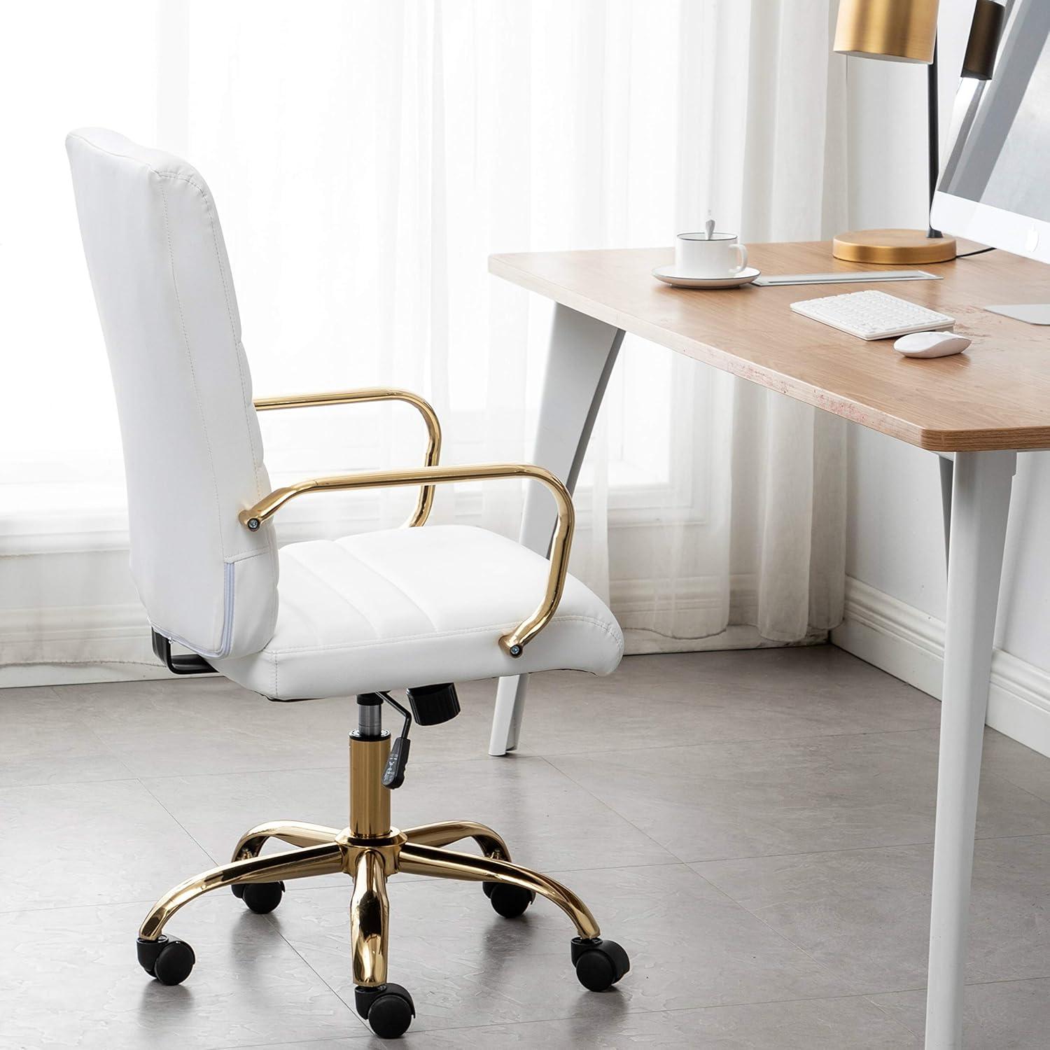 White Faux Leather Ergonomic Swivel Office Chair with Gold Metal Frame