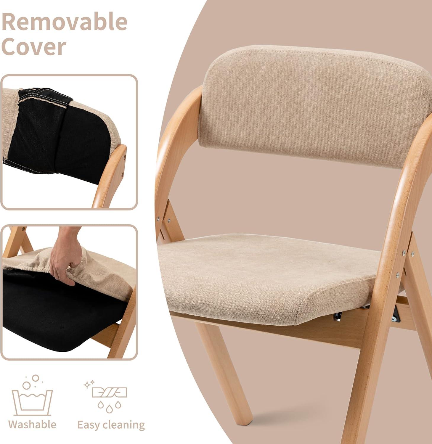 HOMEFUN Folding Chairs with Cushion Padded Foldable Chiars 4 Pack - Wooden Dining Fold Seat with Removable Cover Extra Chair for Guests Kitchen Office Wedding Party Picnic, Khaki