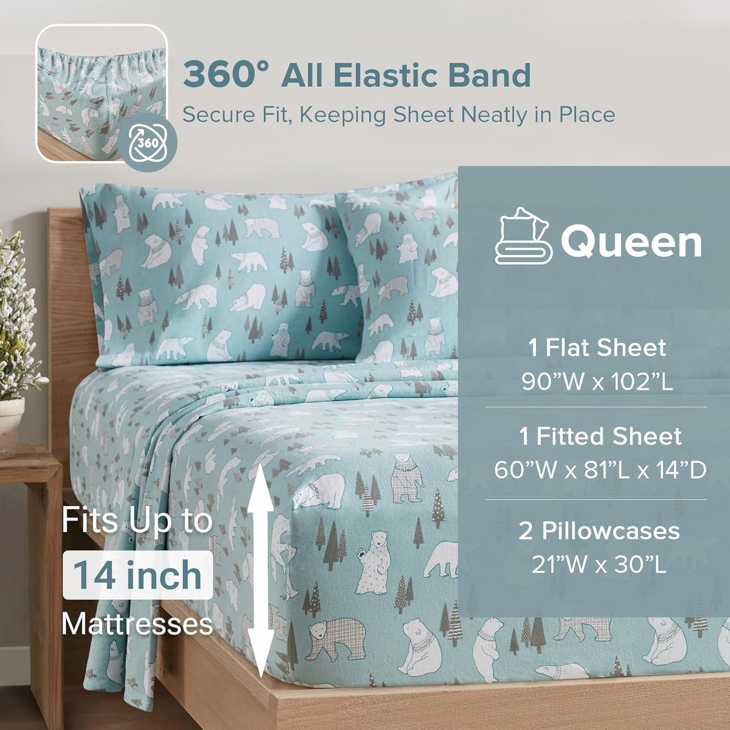 Comfort Spaces Flannel Sheets Queen W/ Pocket, 100% Cotton, Novalty Blue Polar Bears, Queen Sheet Sets, 4 Pieces