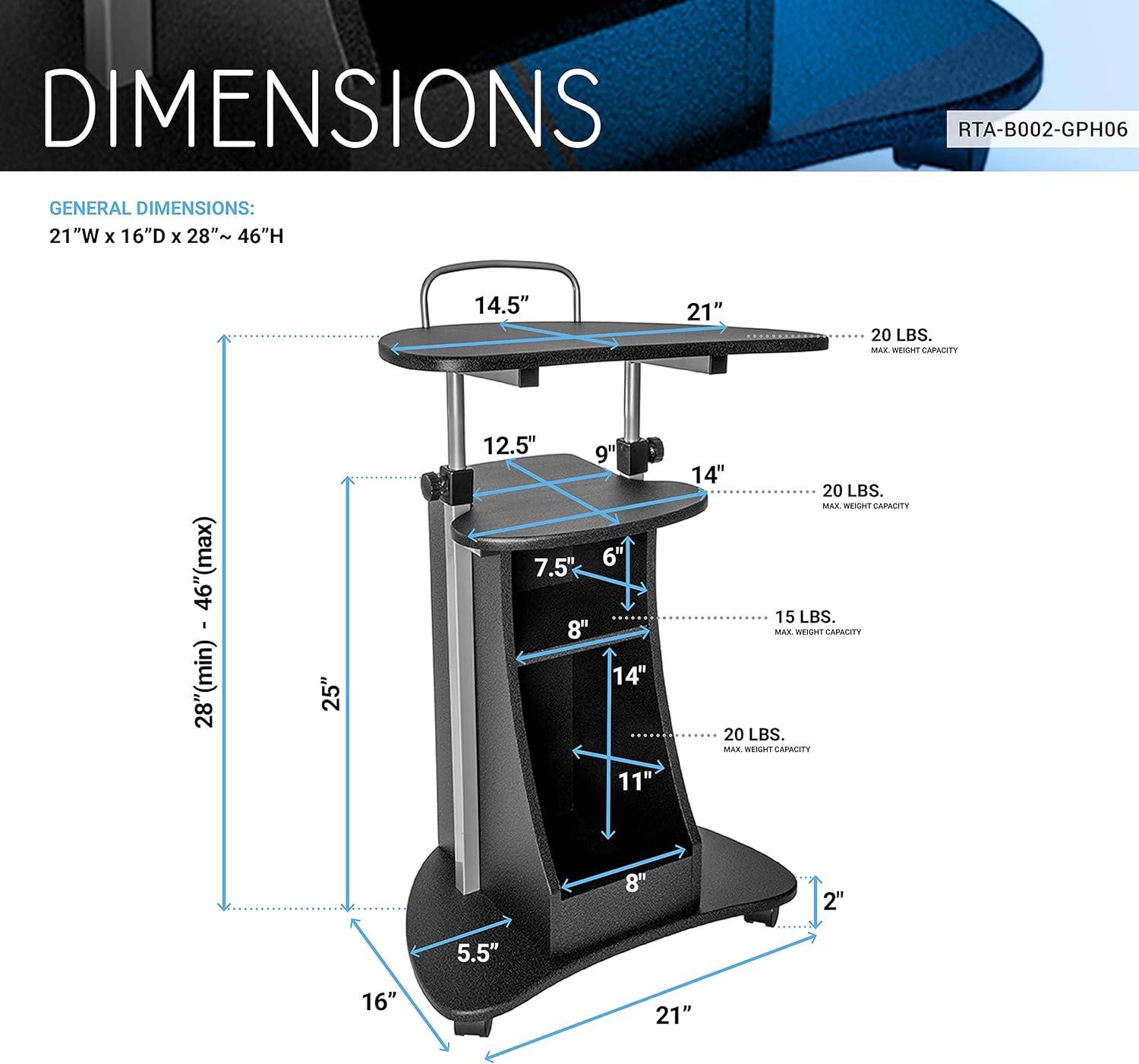 Graphite Adjustable Height Rolling Laptop Cart with Storage