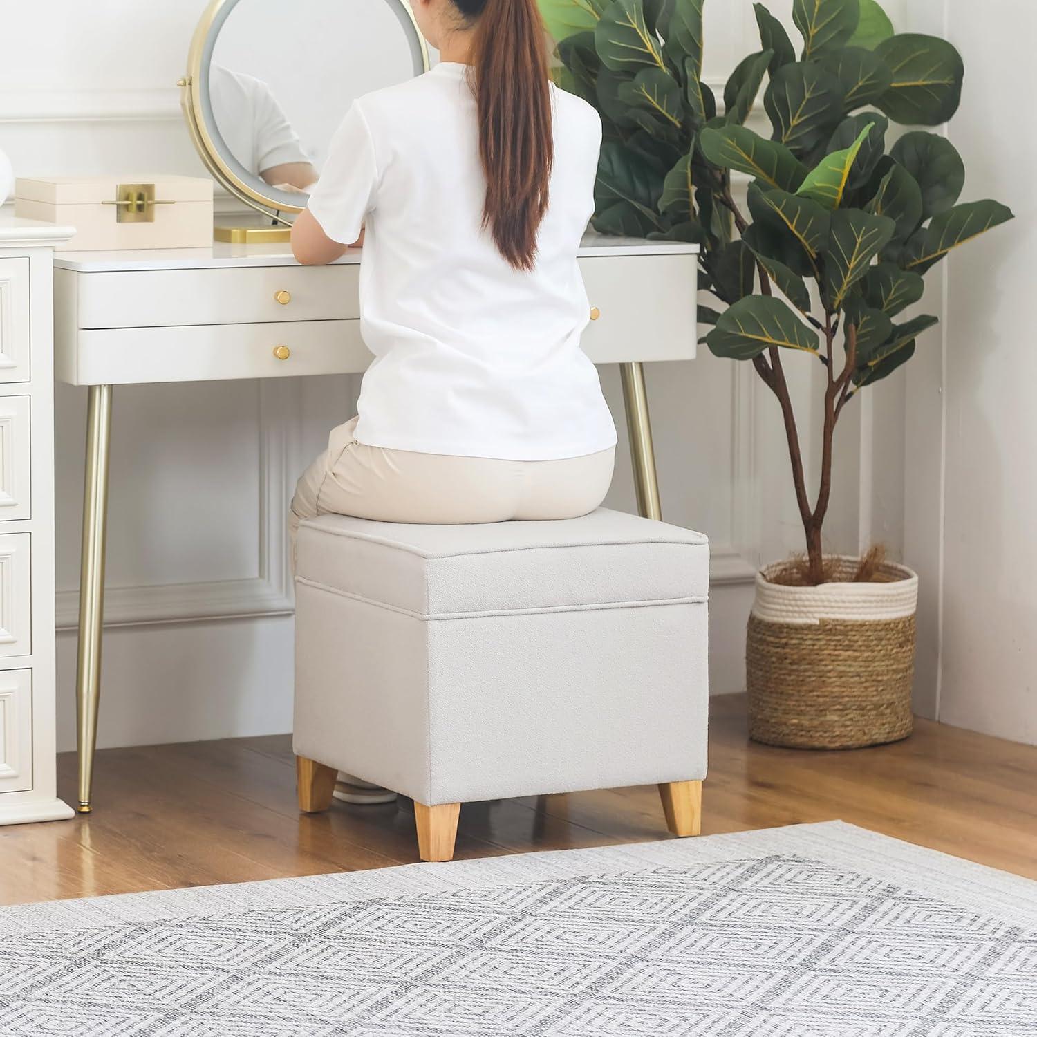 HomePop Cole Classics Square Storage Ottoman with Lift Off Top Linen: Upholstered Footstool, Wood Legs, Polyester