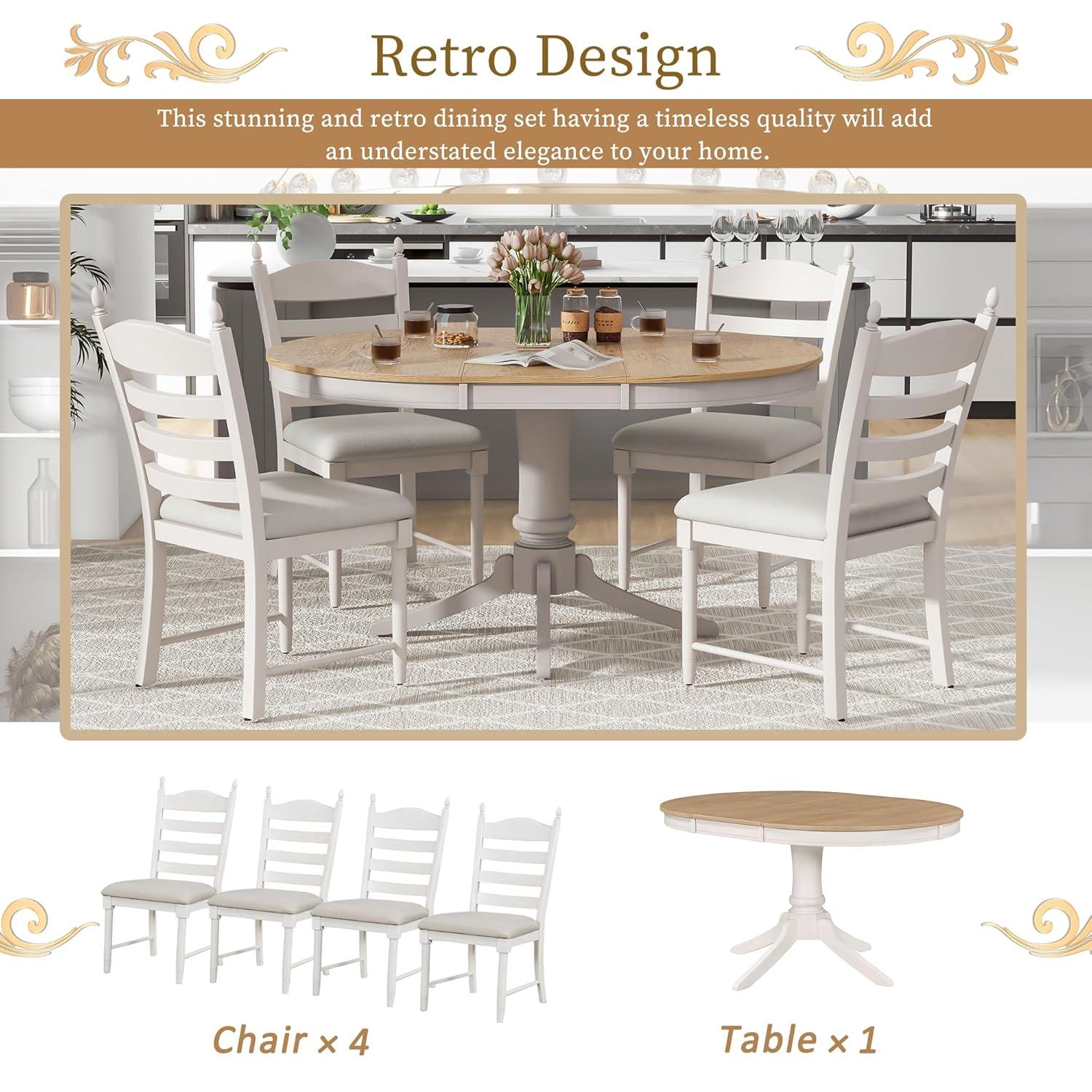 MERITLINE Dining Table Set, 5-Piece Retro Functional Dining Table Set, Wood Round Extendable Dining Table and 4 Upholstered Dining Chairs（Off White）