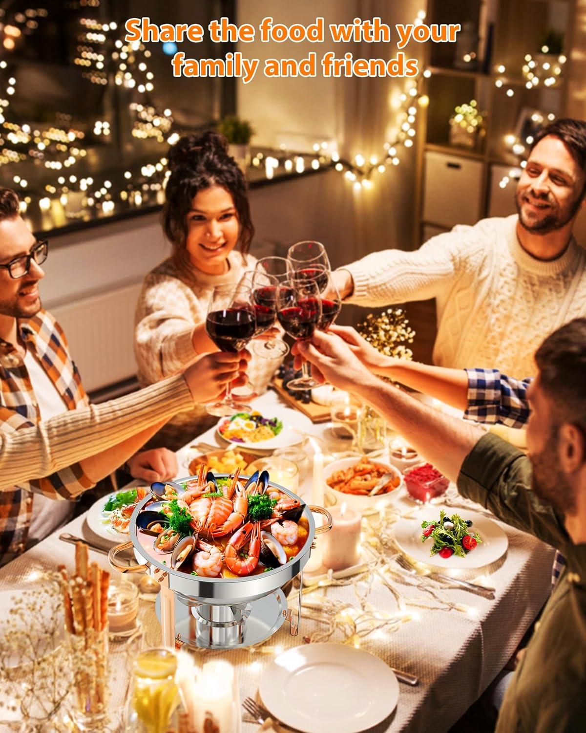 5QT round chafing dish buffet set (2-pack) in Rose Gold, NSF-certified stainless steel with lid, spoon, and tweezer, ideal for catering and events.