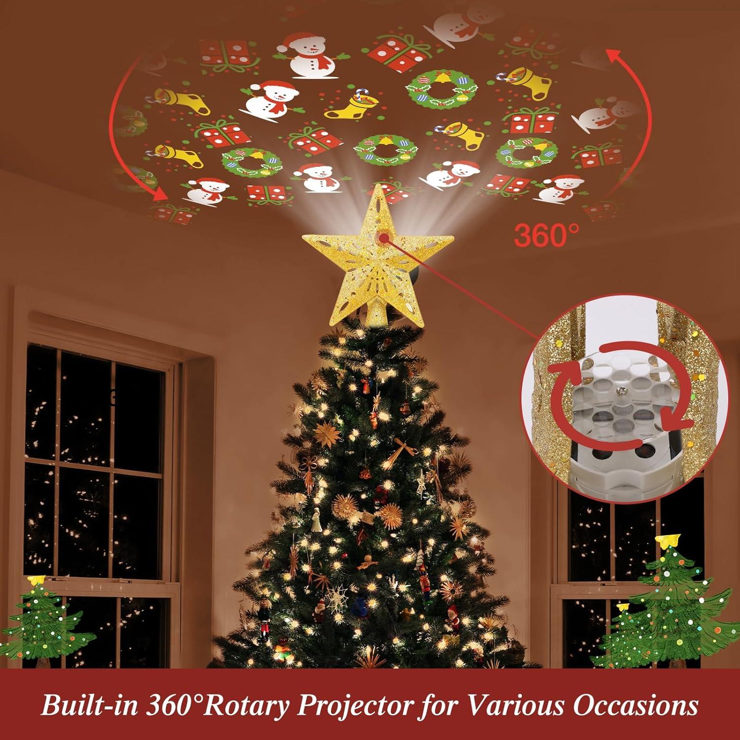 HOUFIY Christmas Tree Topper Lighted with 6 Projection Modes Star Tree Topper Built-in LED Rotating 3D Lighted Glitter Star Decorations Projector Tree Topper for Christmas Tree