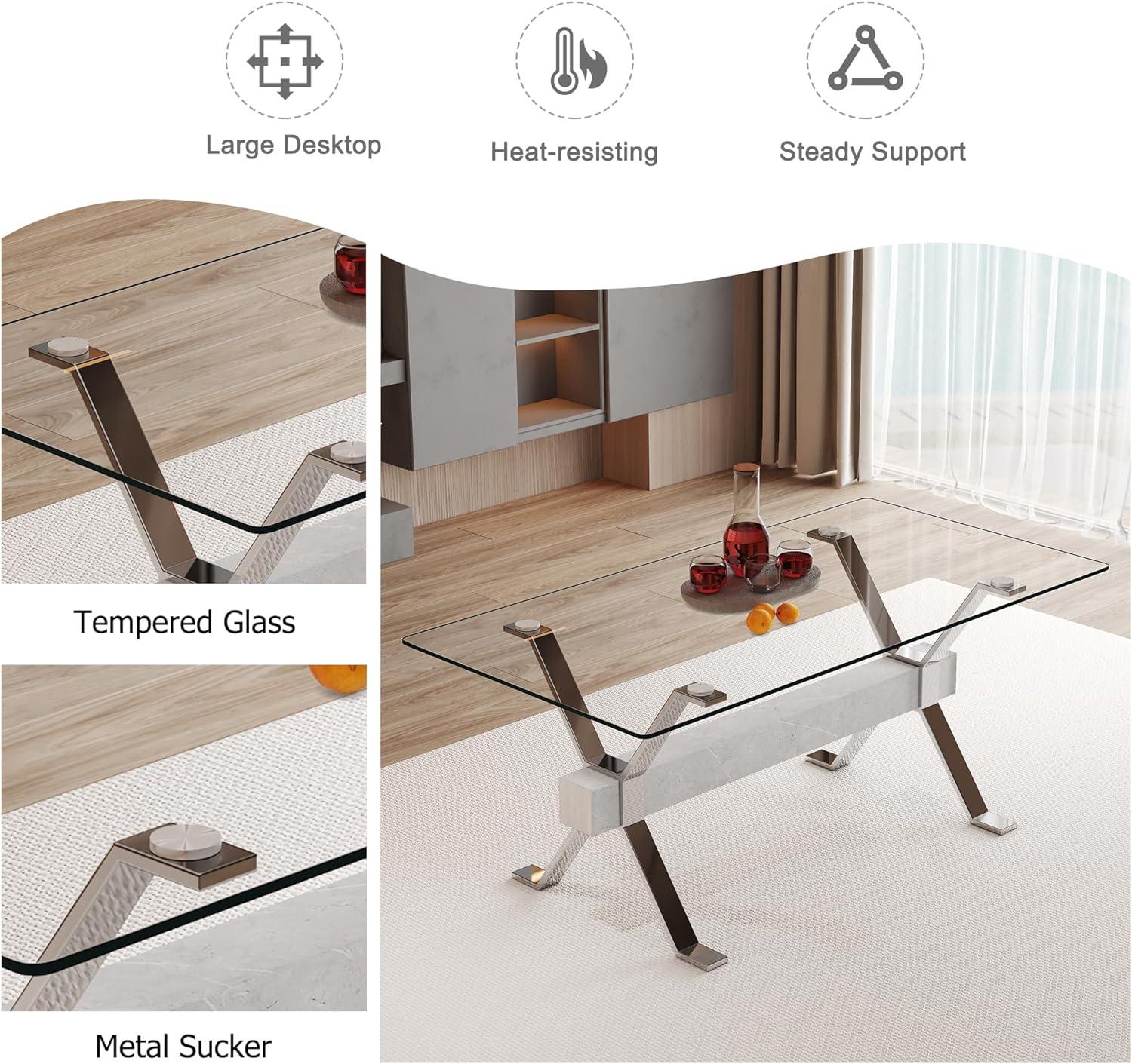 Dining table. Modern tempered glass dining table. Large modern office desk with silver plated metal legs and MDF crossbars, suitable for both home and office use. Kitchen. 79"x 39"x 30"