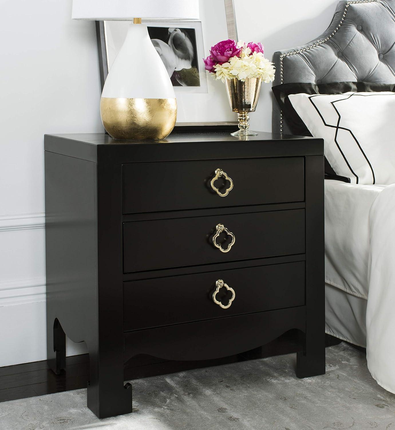 Nero Black 3-Drawer Transitional Nightstand with Brass Hardware