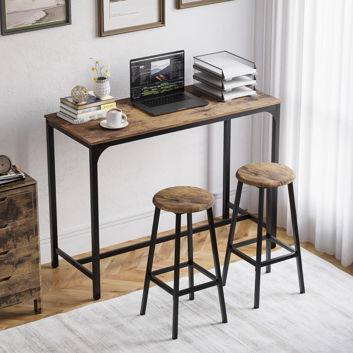 PAPROOS Bar Table Set for 2, 3 Pcs Pub Bistro Table and PU Upholstered Stools with Backrest, Industrial Counter Height Dining Table and Chairs for Kitchen Breakfast Nook Balcony, Rustic Brown