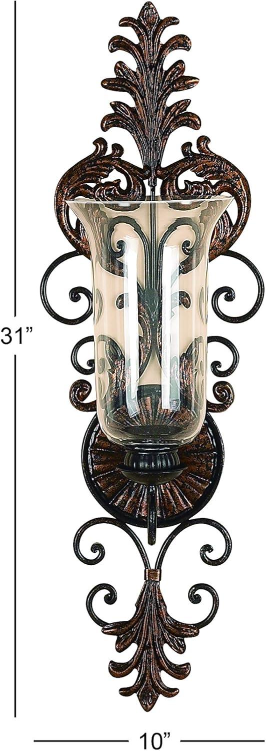 DecMode Bronze Glass Wall Sconce with Scroll Designs