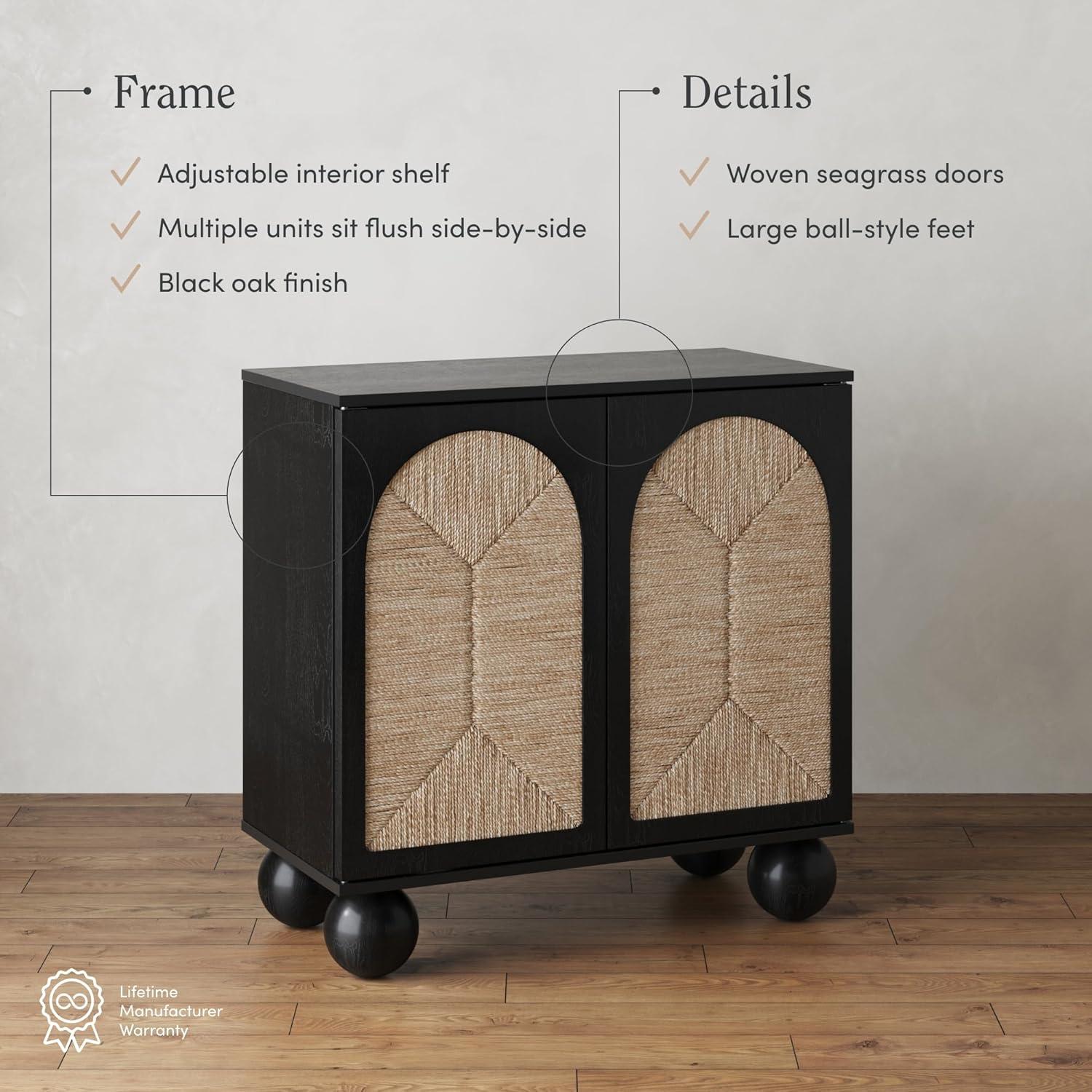 Black Seagrass Bohemian TV Stand with Solid Wood Legs