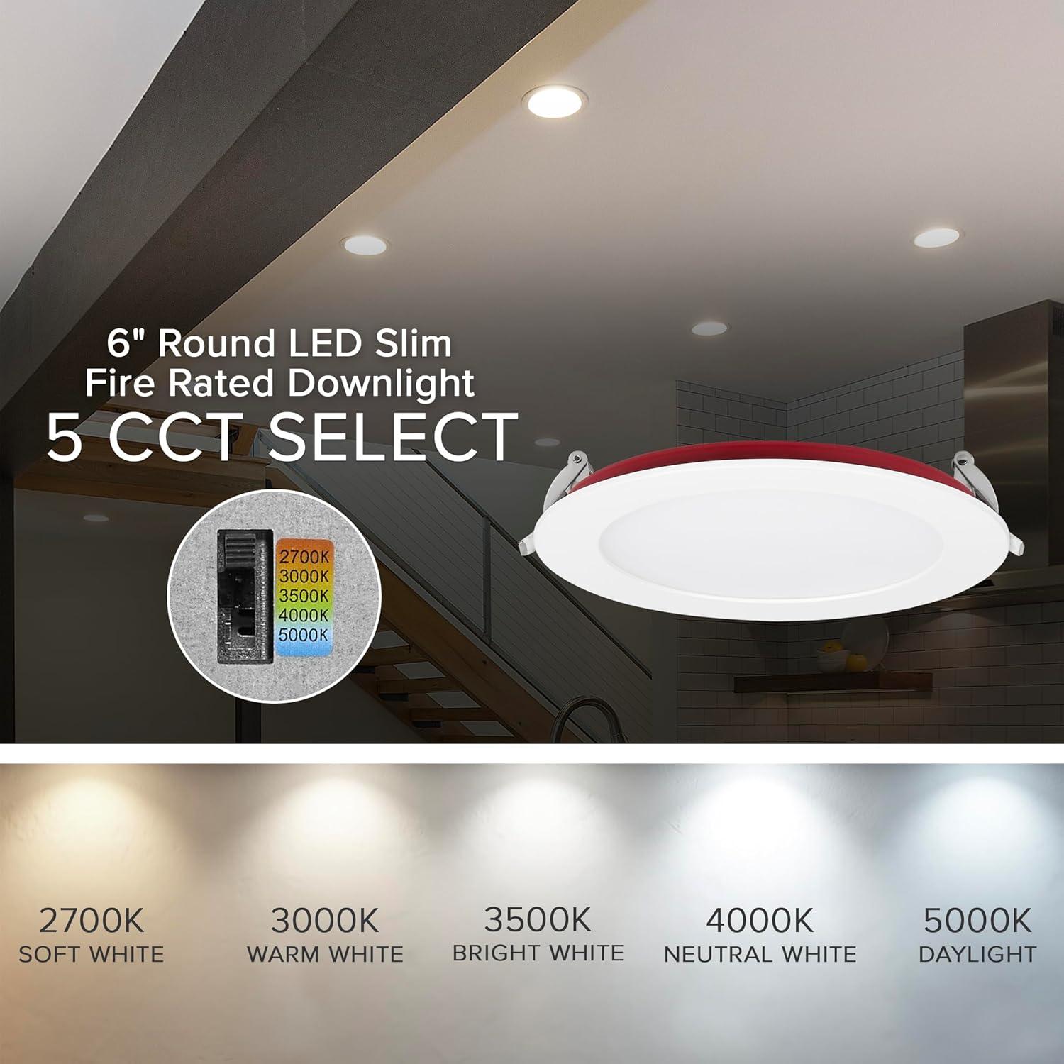 Maxxima 6 in. 2 Hour Fire Rated Slim Recessed LED Downlight, Canless IC Rated, 1100 Lumens, 5 CCT Color Selectable 2700K-5000K