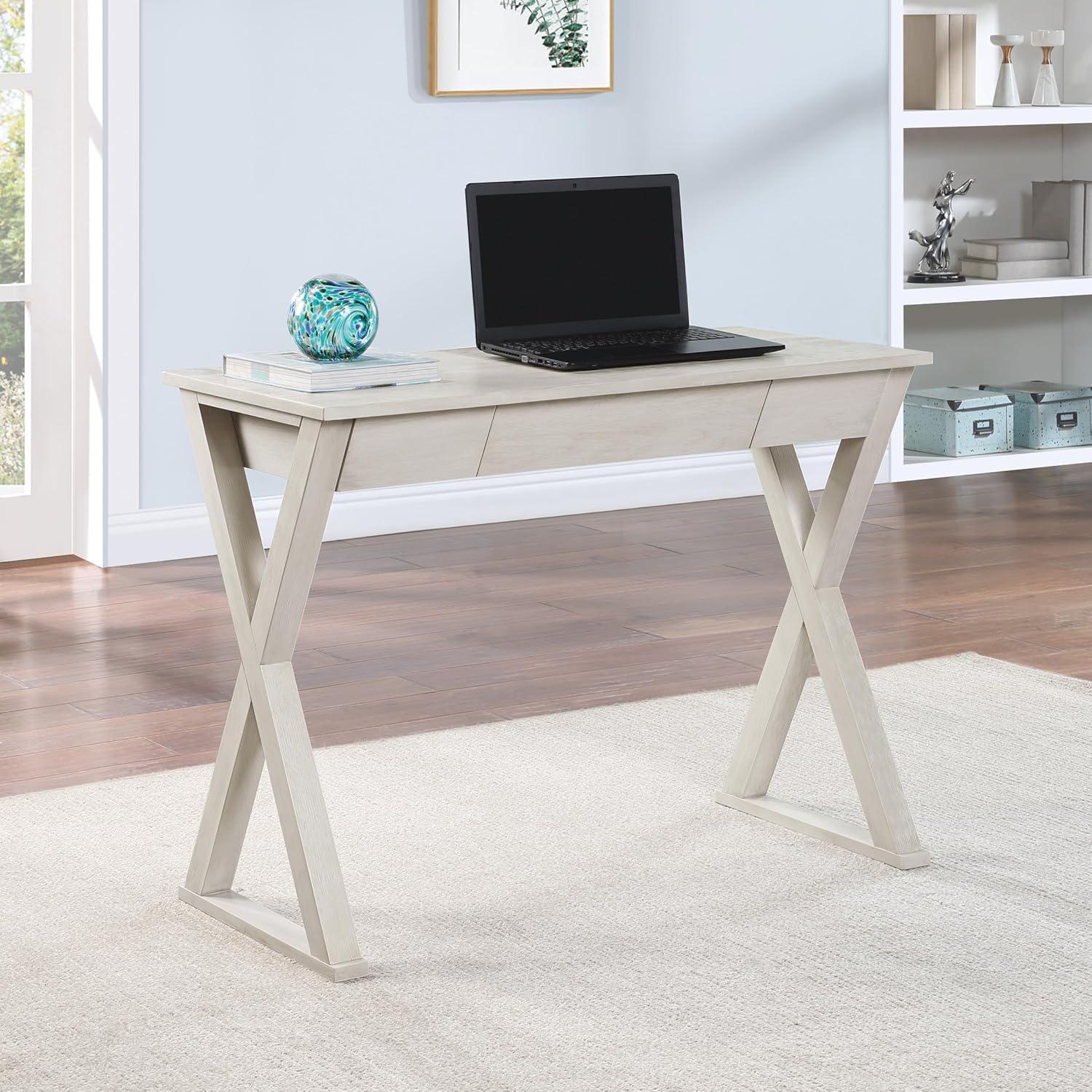 Weathered White Wood Writing Desk with Drawer and X Design