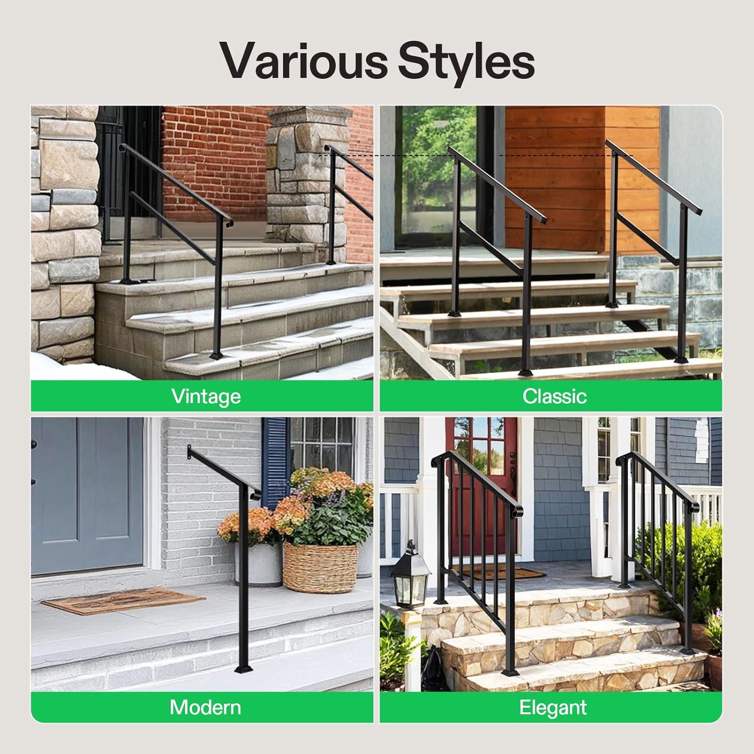 VIVOSUN Outdoor Iron Stair Handrail with Curved Ends and Balusters