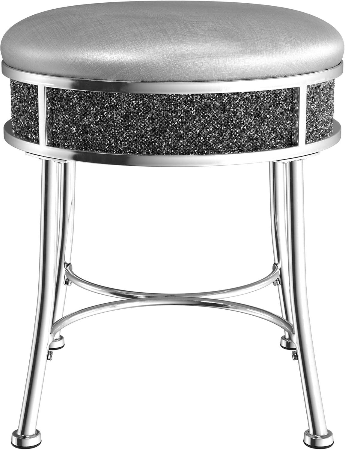 Hillsdale Roma Diamond Glam Fabric Upholstered Backless Vanity Stool in Chrome