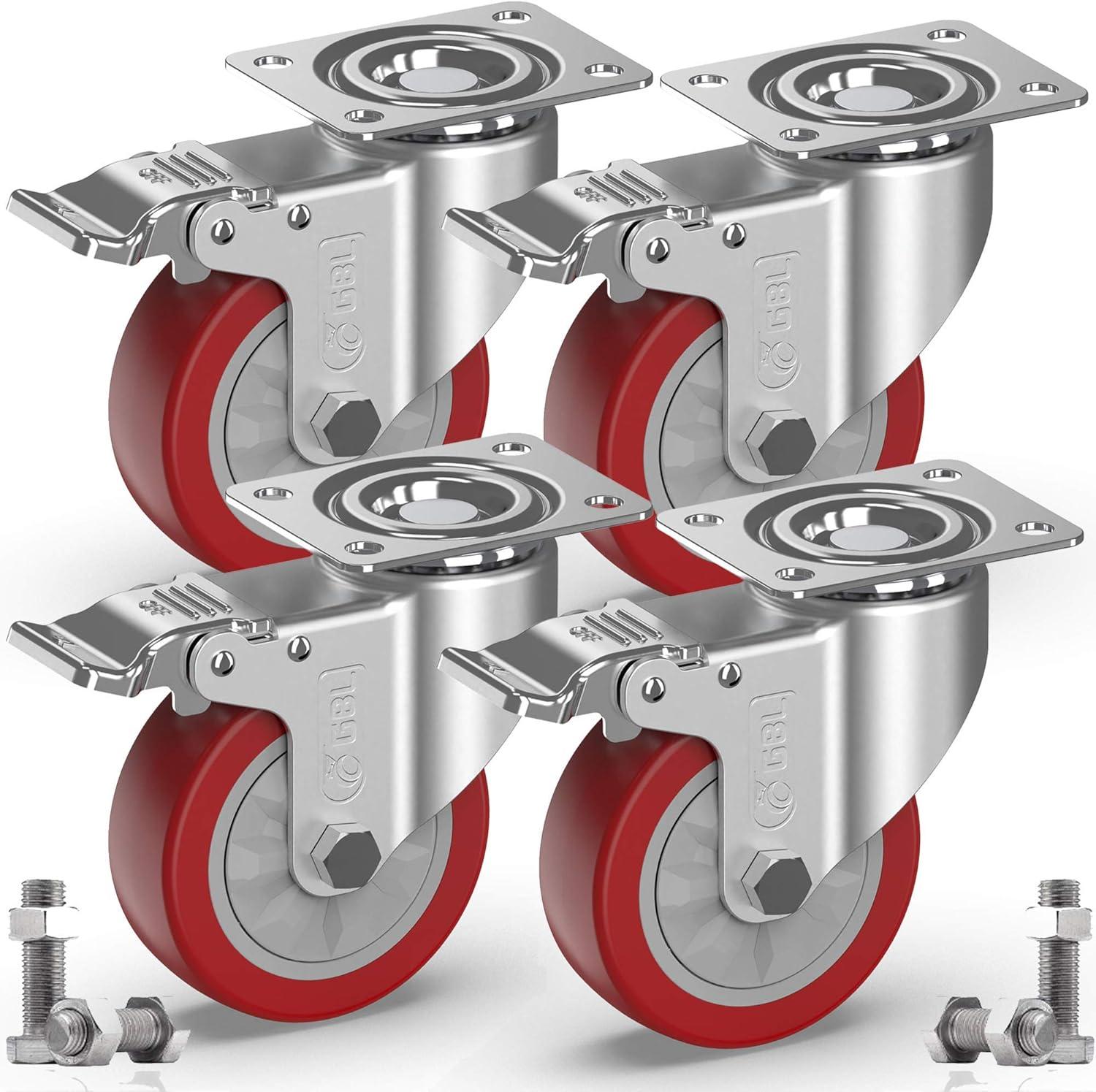 Heavy Duty 4" Red Polyurethane Caster Wheels with Brakes