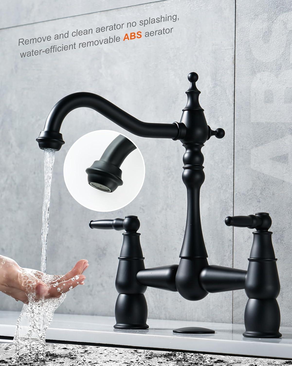 Double Handle Bridge Kitchen Faucet with Sink Hole Cover in Matte Black