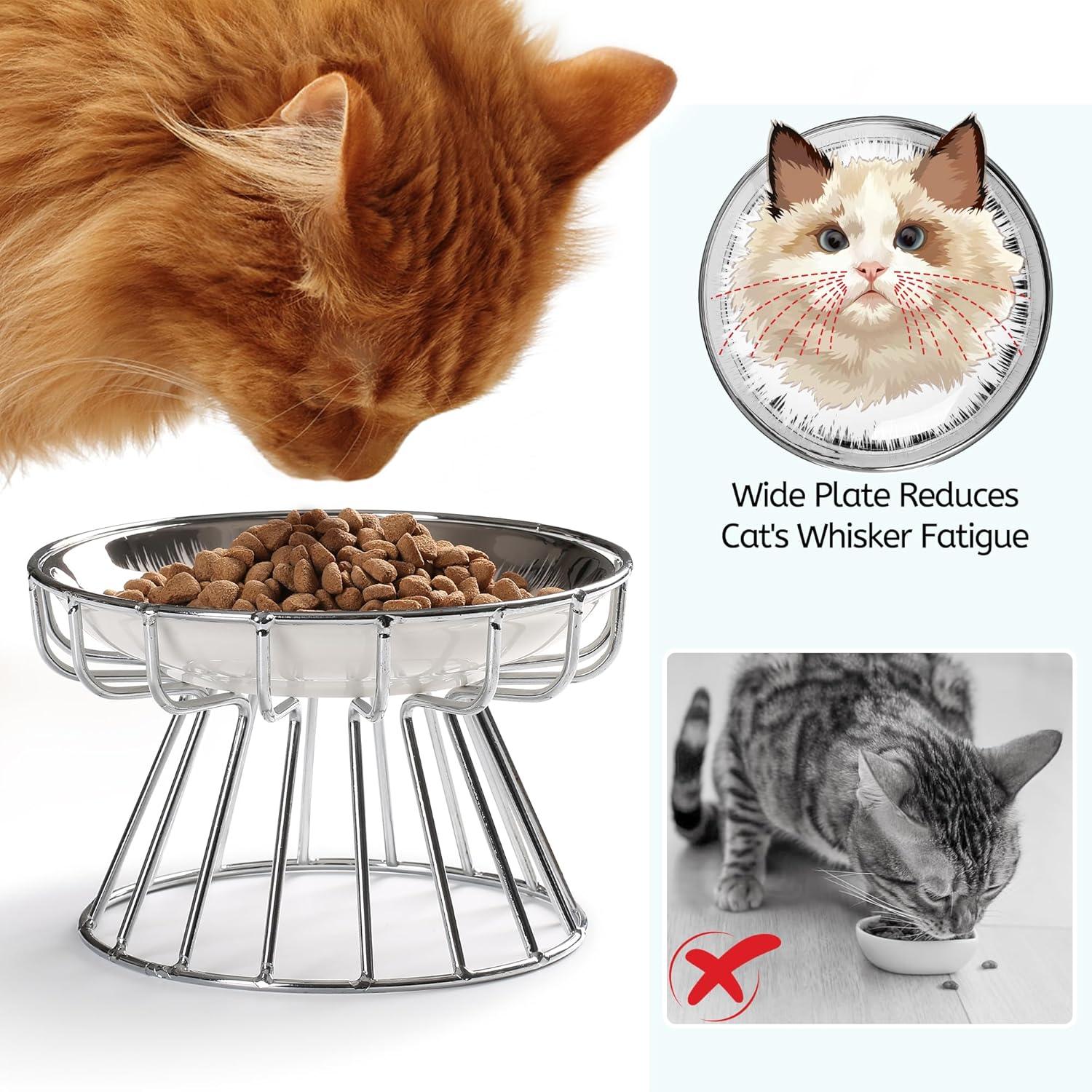 Cat Bowls, Elevated Cat Bowl, Raised Ceramic Dish with Metal Stand, Pet Water or Food Feeding Station for Indoor Cats, Kitten, Puppies and Small Dogs, Dishwasher Safe