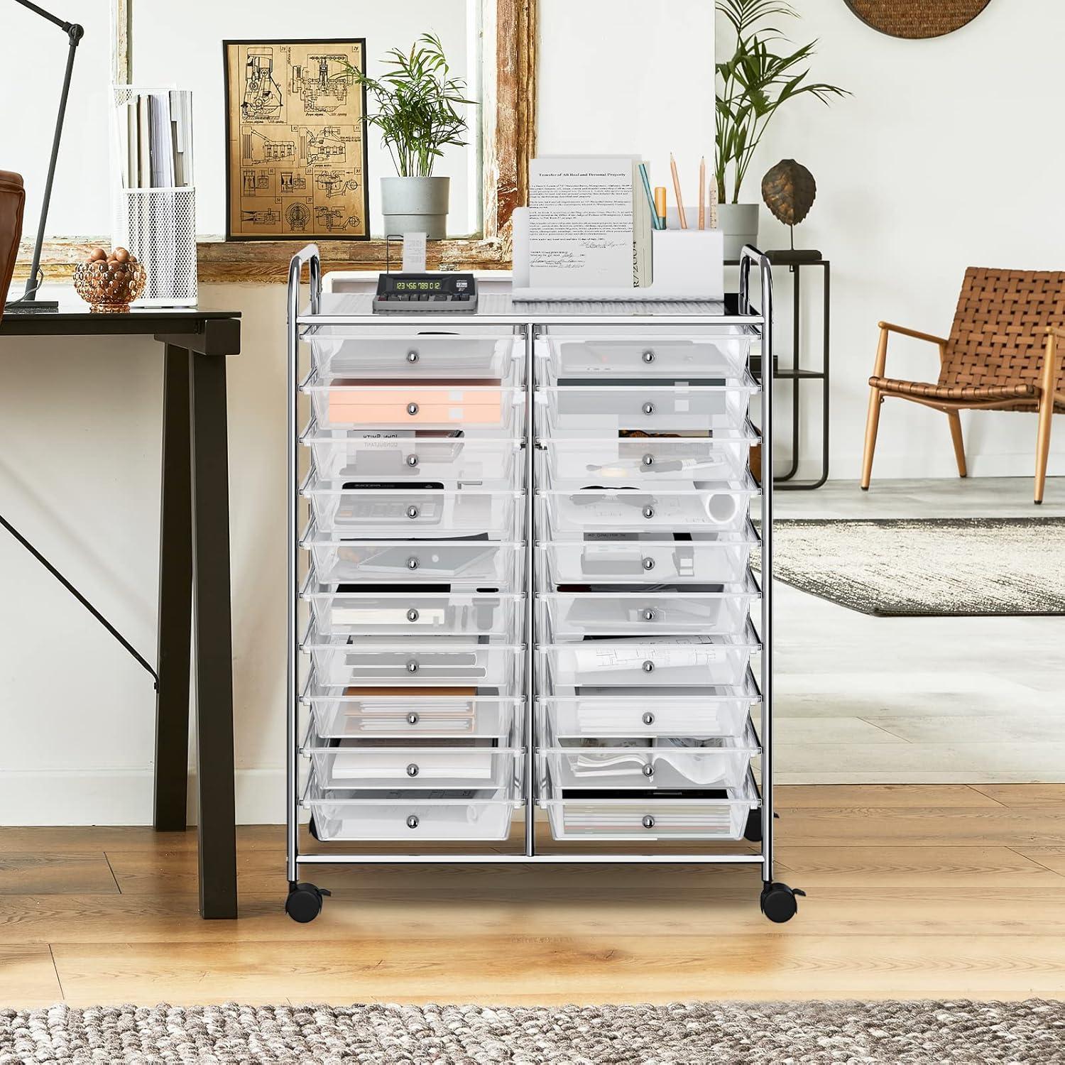 20-Drawer Organizer Cart Office School Storage Cart Rolling Drawer Clear