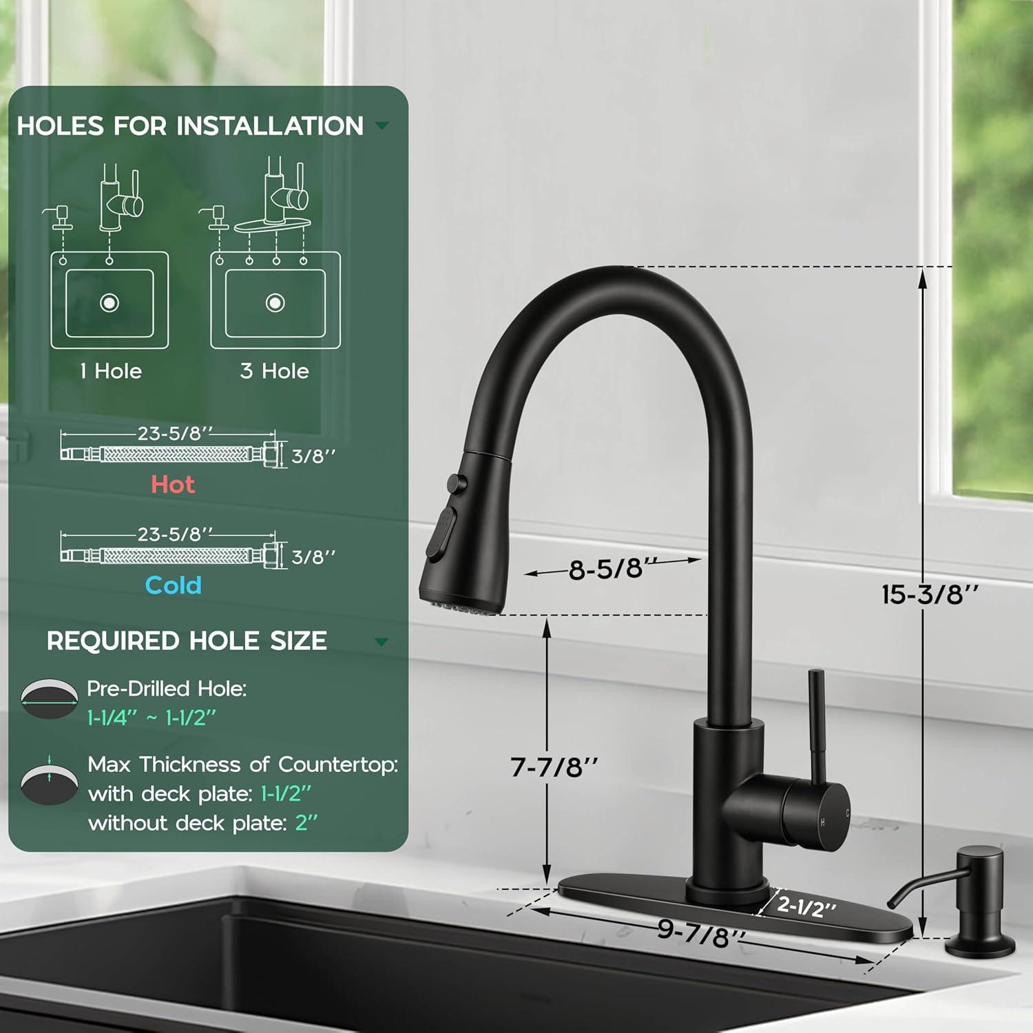 Onader Black Kitchen Faucet with Soap Dispenser, Stainless Steel Single Handle Kitchen Sink Faucet with Pull Down Sprayer, Single Hole or 3 Holes