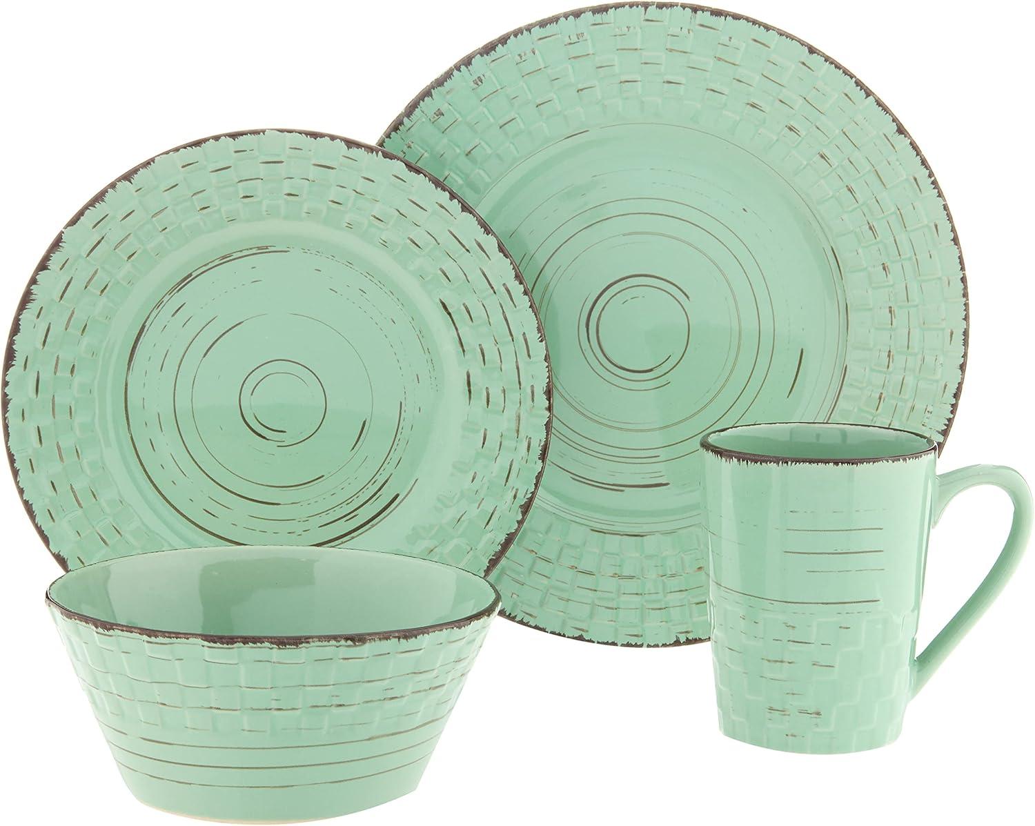 16 Piece Pistachio Green Ceramic Dinnerware Set with Distressed Weave