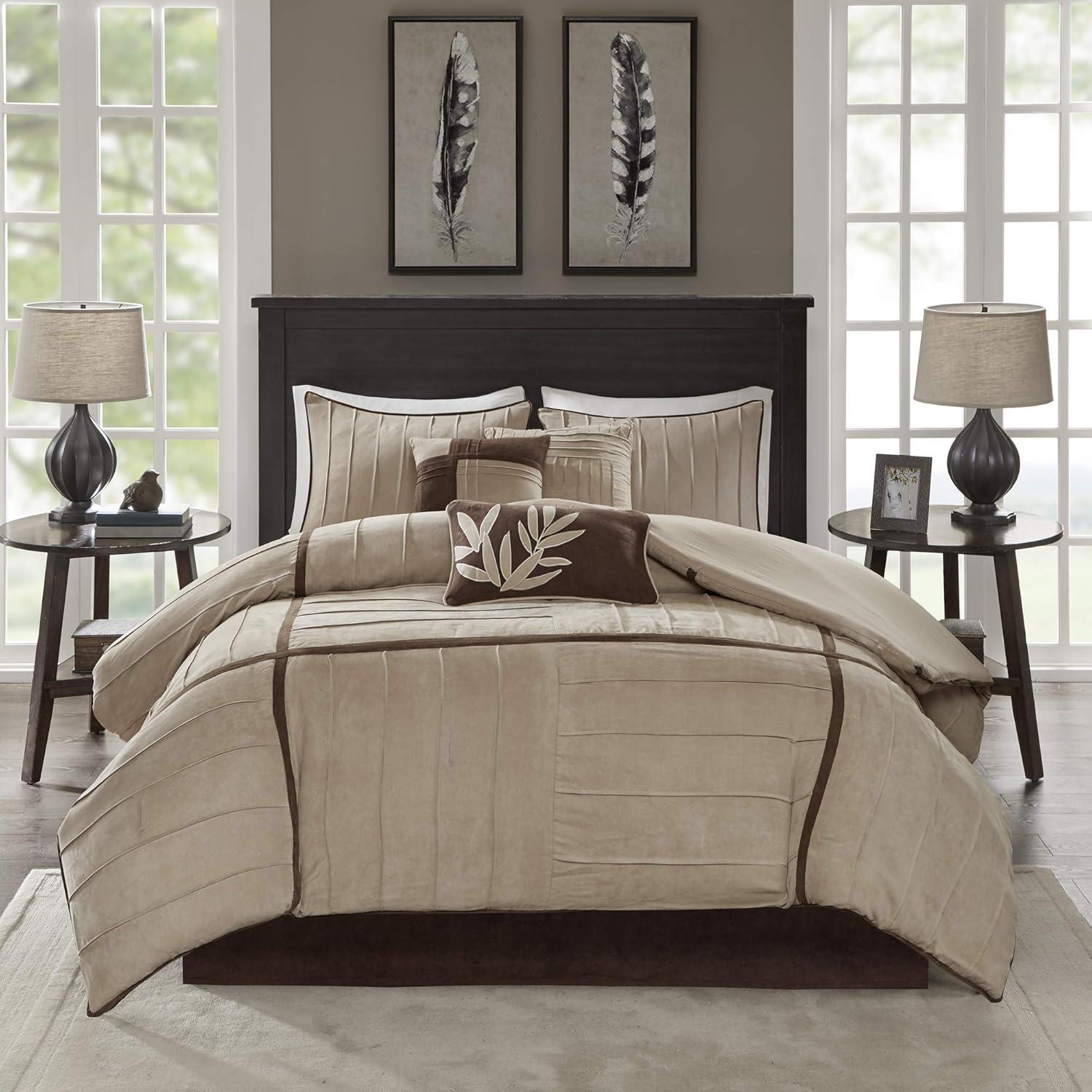 Beige and Brown Reversible Microsuede Queen Comforter Set