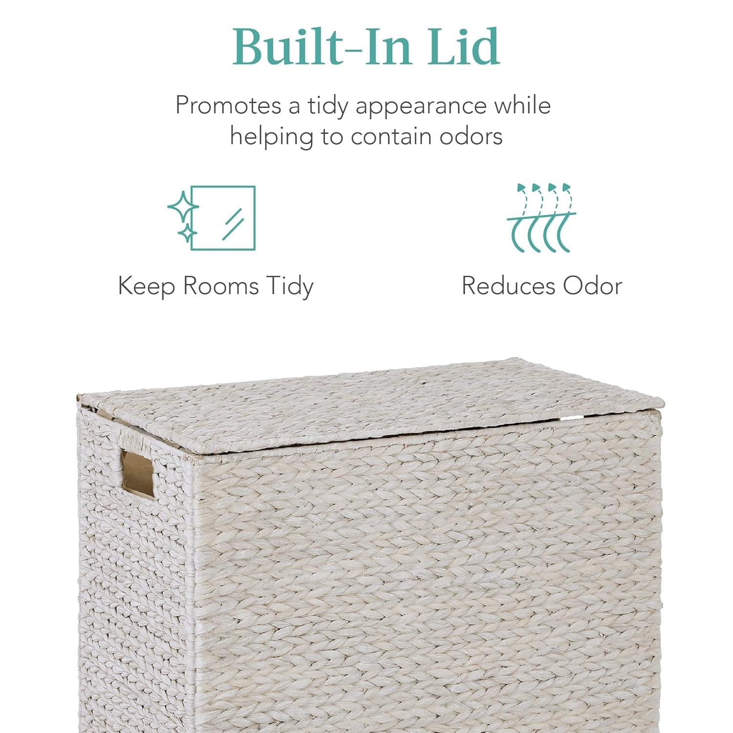 Best Choice Products Large Natural Water Hyacinth Double Laundry Hamper Basket w/ 2 Liner Bags, Handles - White