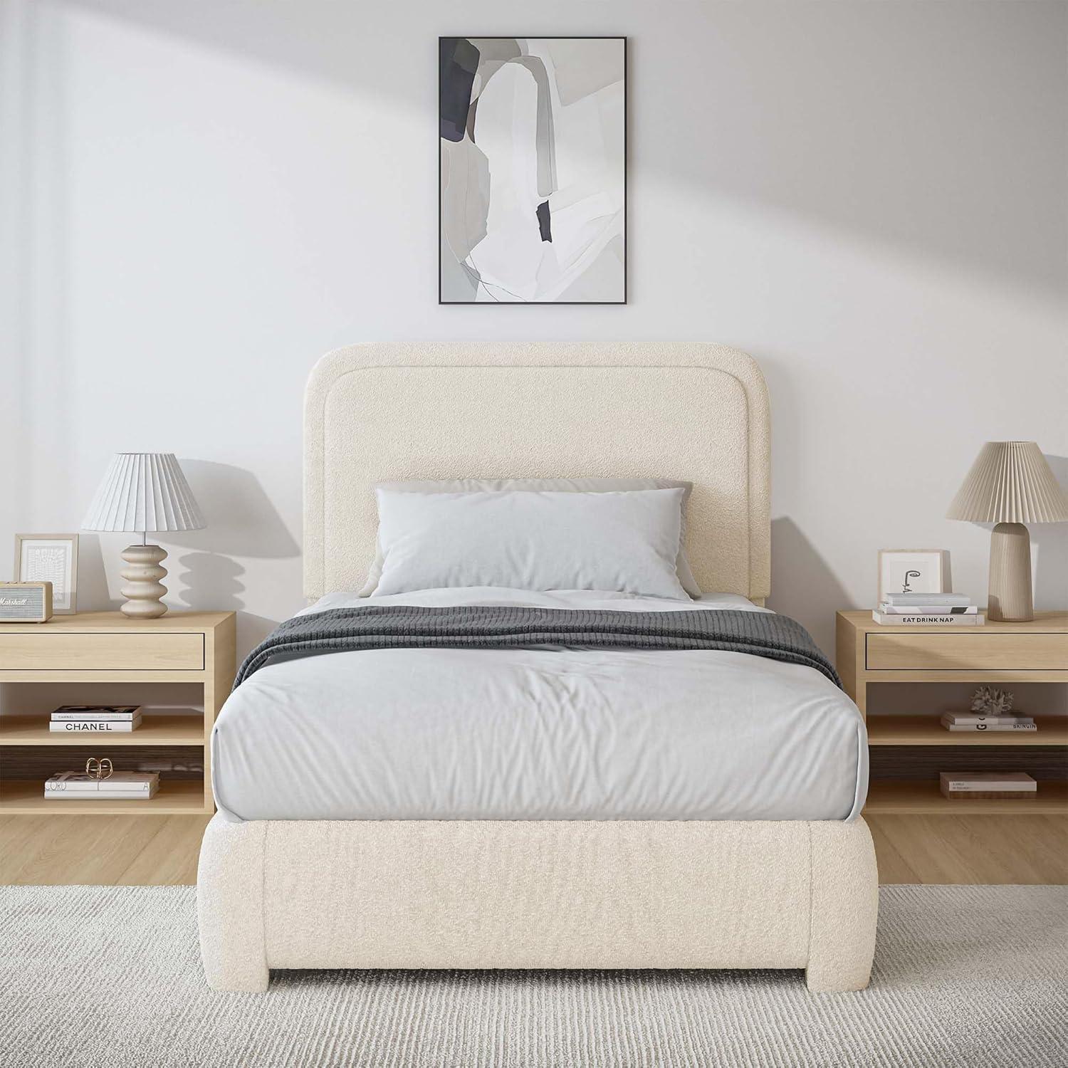 Manfred Boucle Upholstered Cloud Bed Frame with Rounded Corners Headboard, Soft Platform Bed Frame with Thickened Footboard