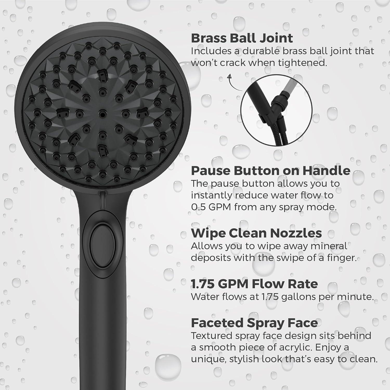 Matte Black 6-Spray Handheld Shower Head with Hose