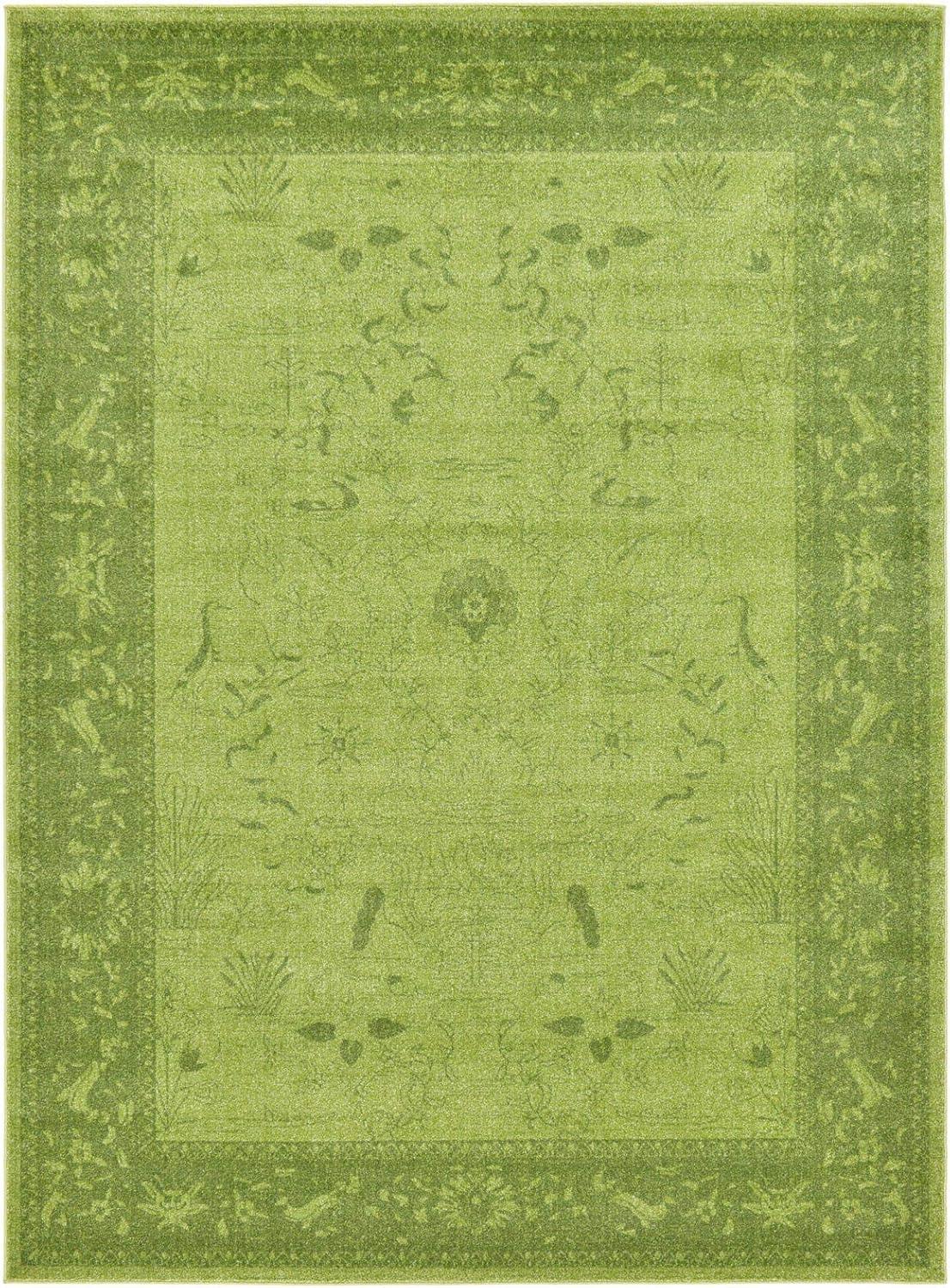 Green Floral Synthetic Rectangular Area Rug with Border Embellishment