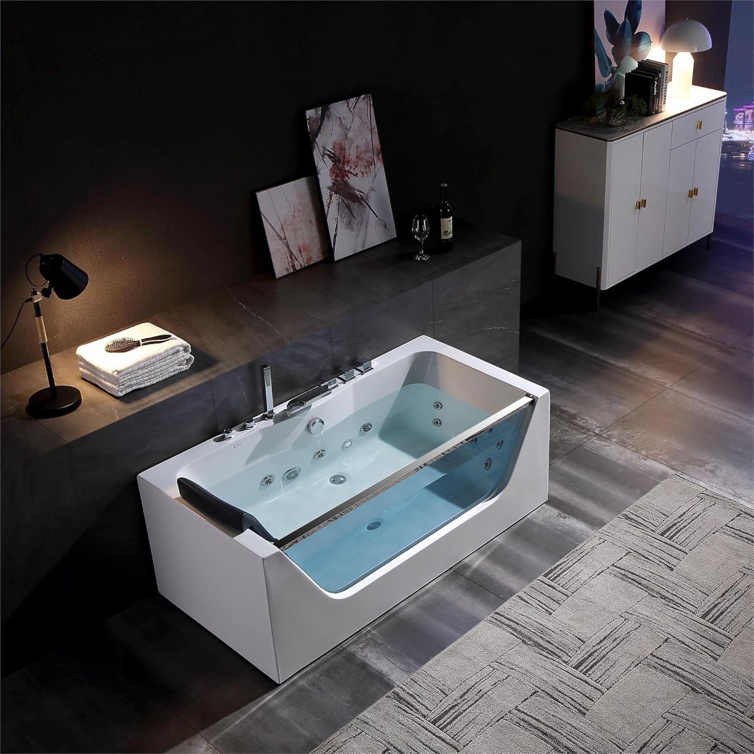 59-Inch White Acrylic Rectangular Whirlpool Bathtub with Jets and Blue Glass Panel