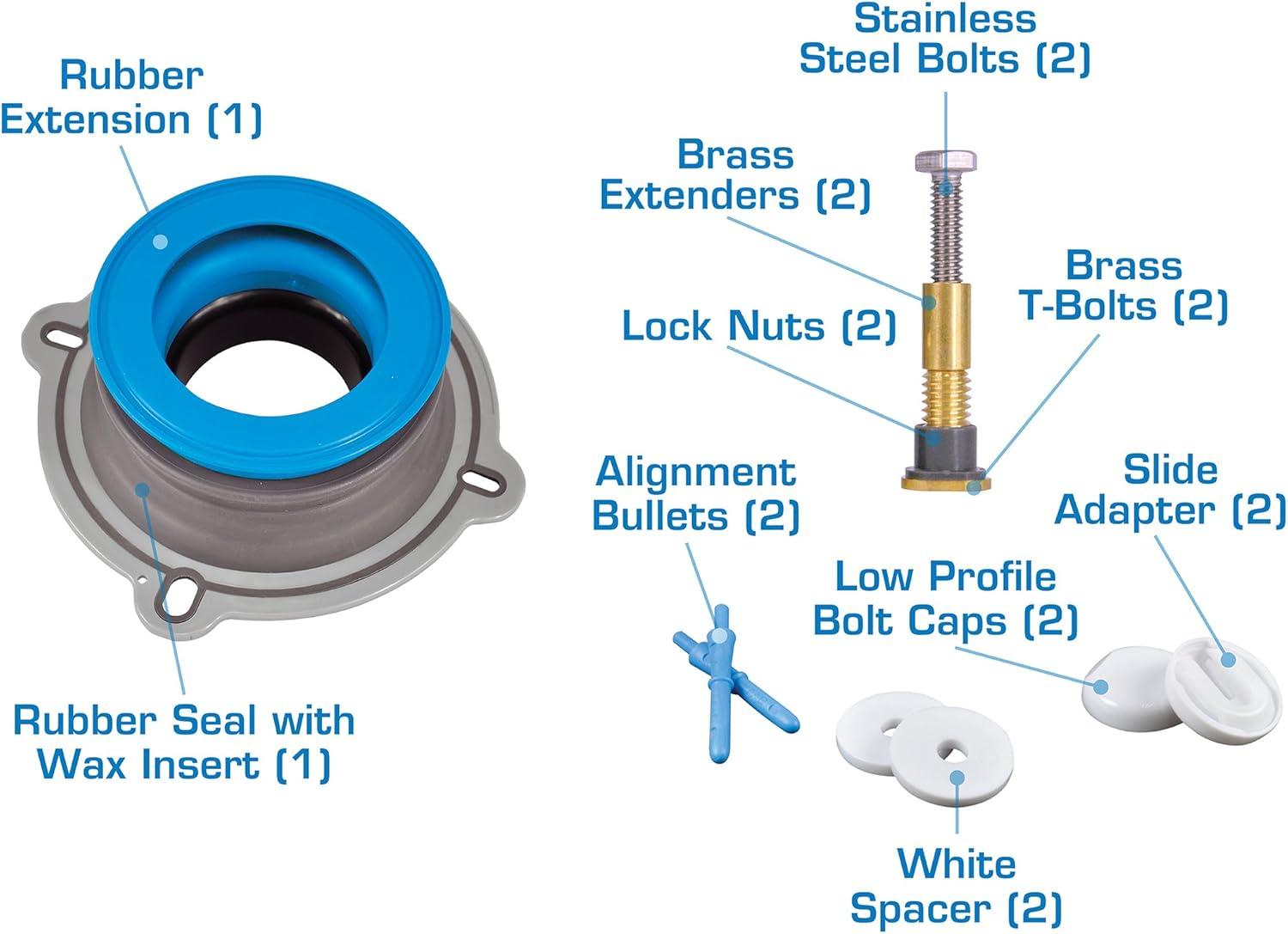 NEXT BY DANO All-in-One Toilet Installation Kit with Perfect Seal Wax Ring & Zero Cut Bolts, Blue and Gray, 1-Pack (10879X)