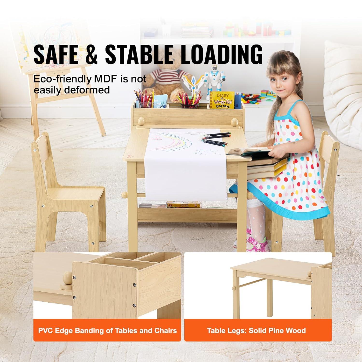 VEVOR Kids Art Table and 2 Chairs, 2-in-1 Toddler Craft and Play Activity Table, Wood Toddler Table and Chair Set with A Cabinet for Art, Craft, Reading, Learning