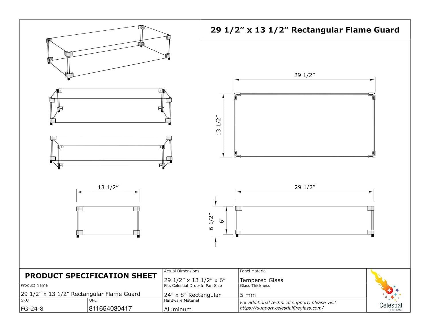 Celestial Fire Glass Rectangle Fire Pit Wind Guard