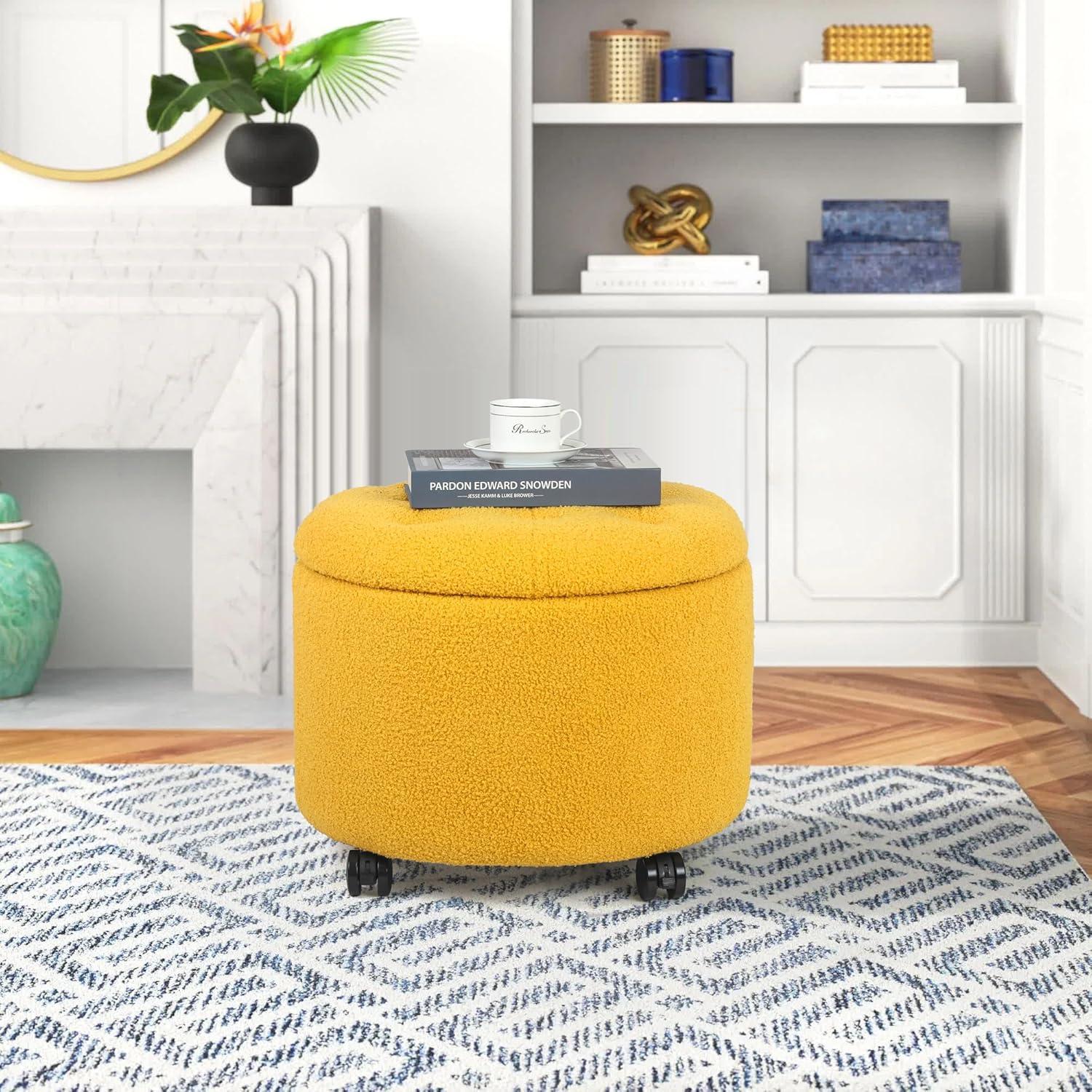 Round Storage Ottoman with Casters, Teddy Velvet Button Tufted Foot Rest Stool for Living Room Bedroom